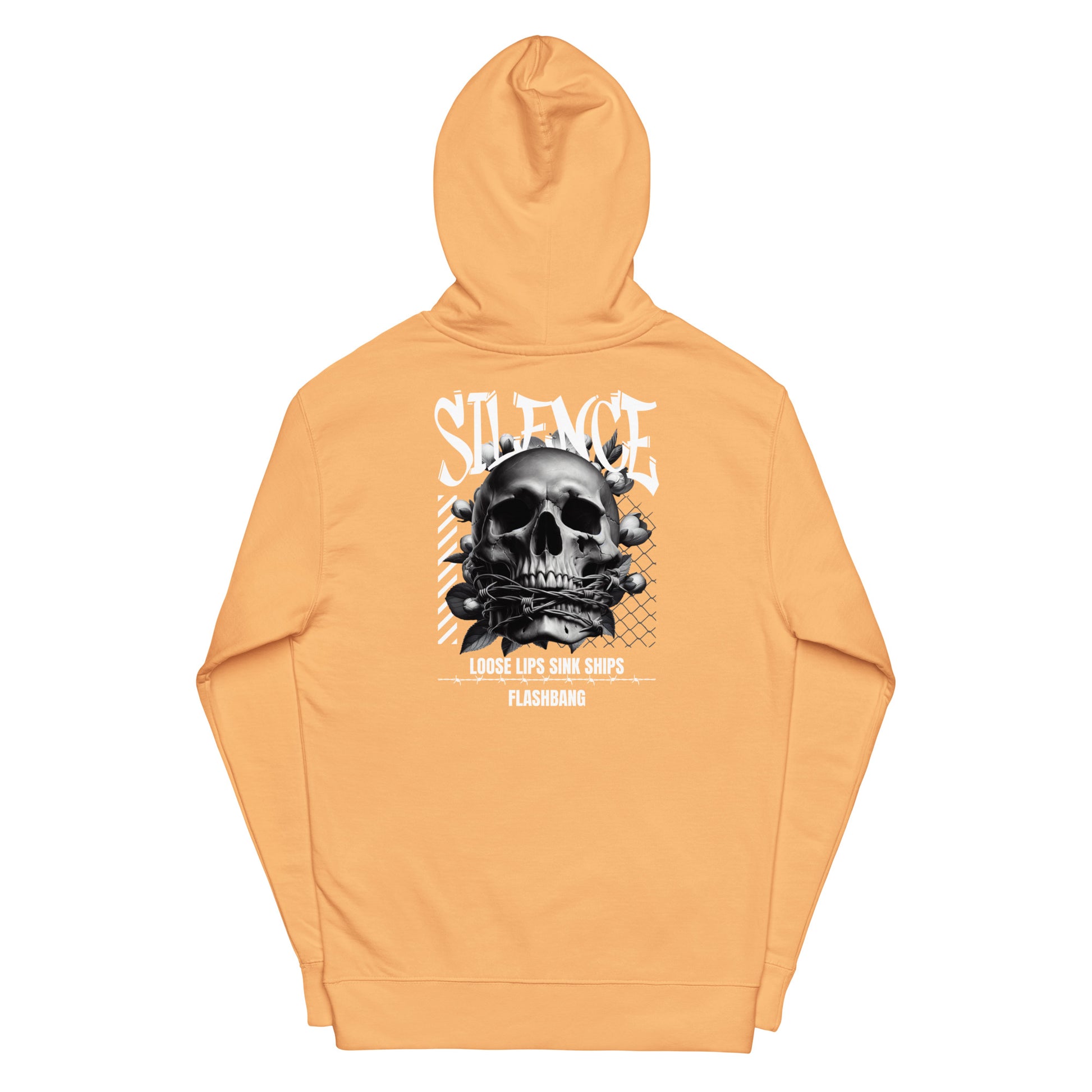 Orange hoodie with a skull graphic and text on a white background