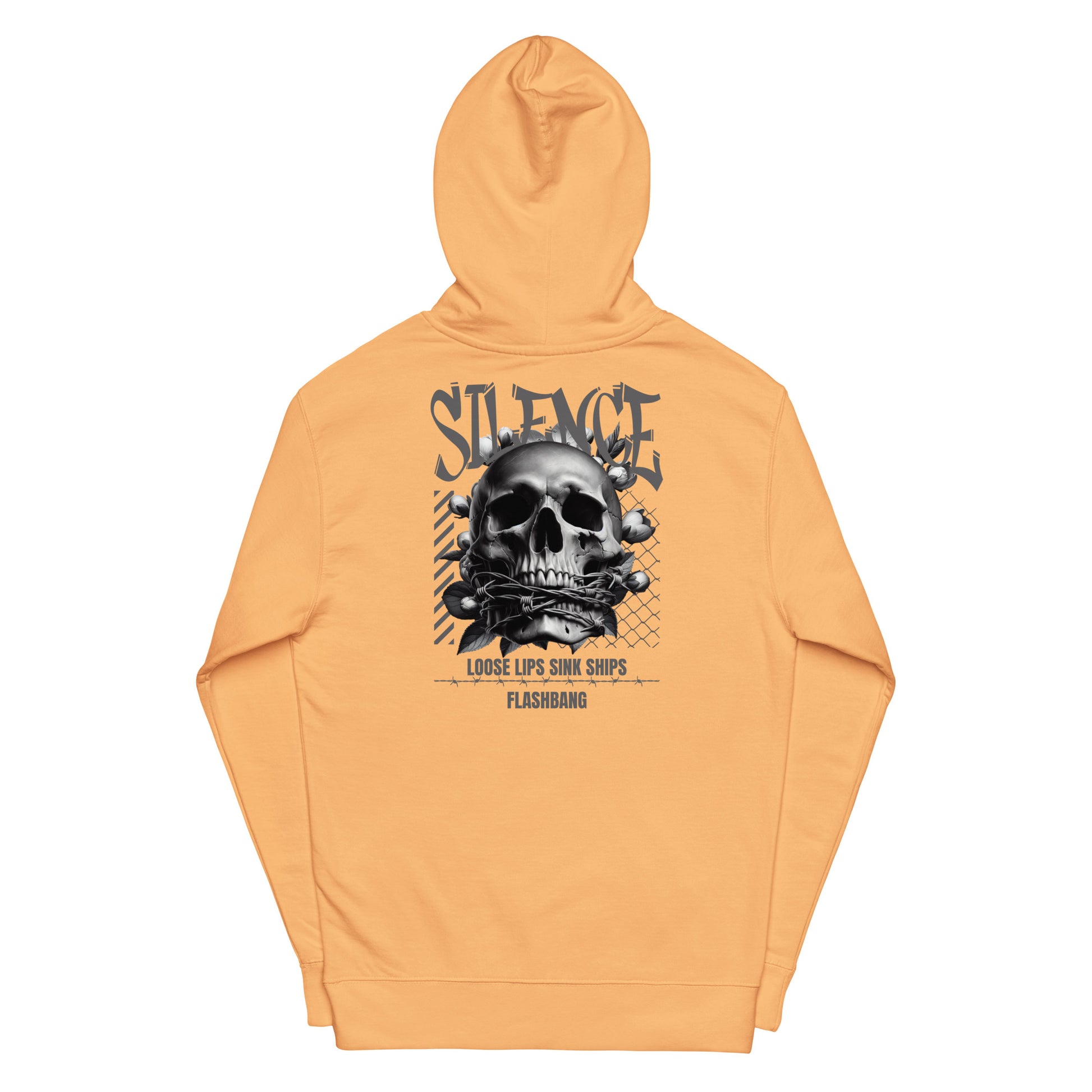 Orange hoodie with a skull graphic and text on the back against a white background