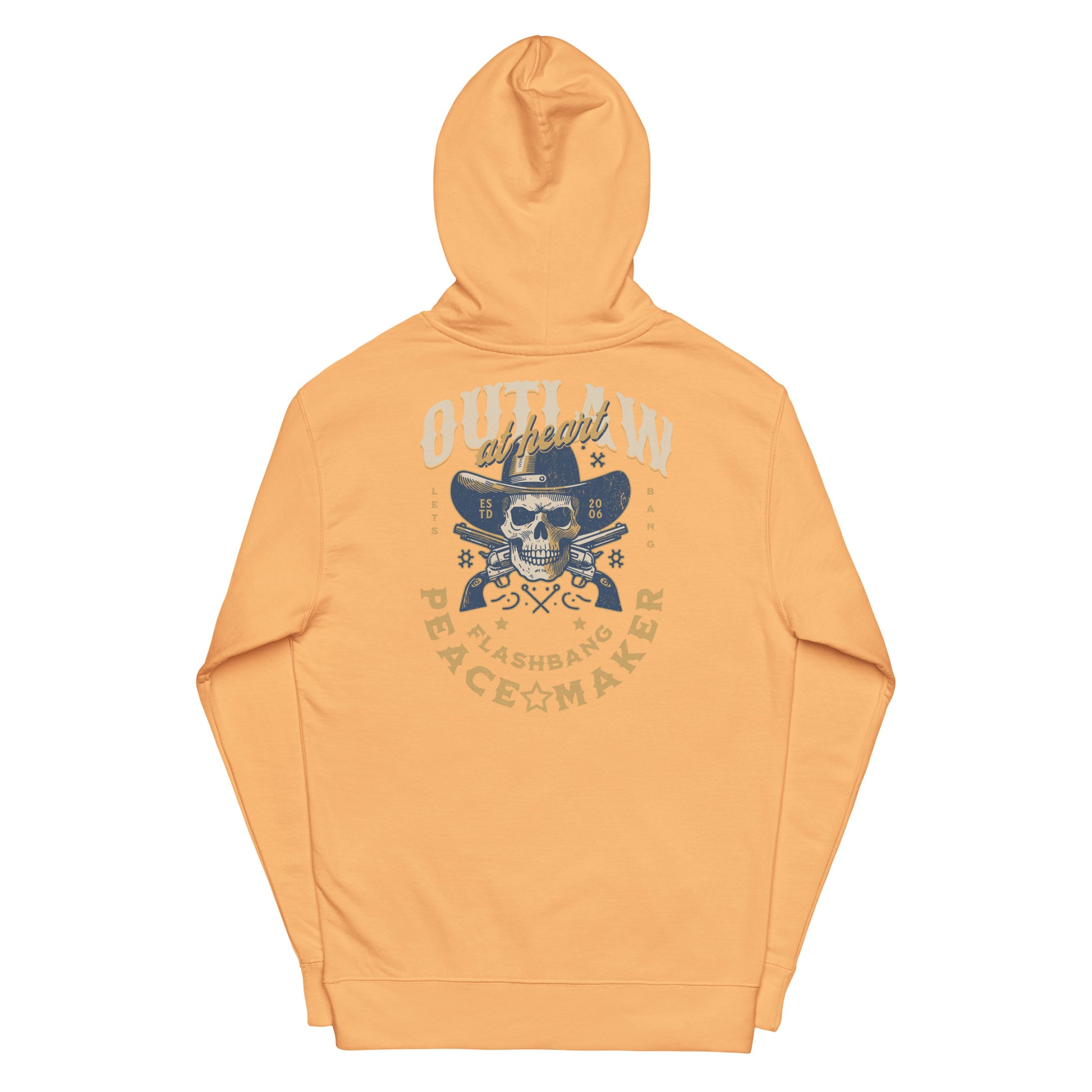 Orange hoodie with graphic design on a white background