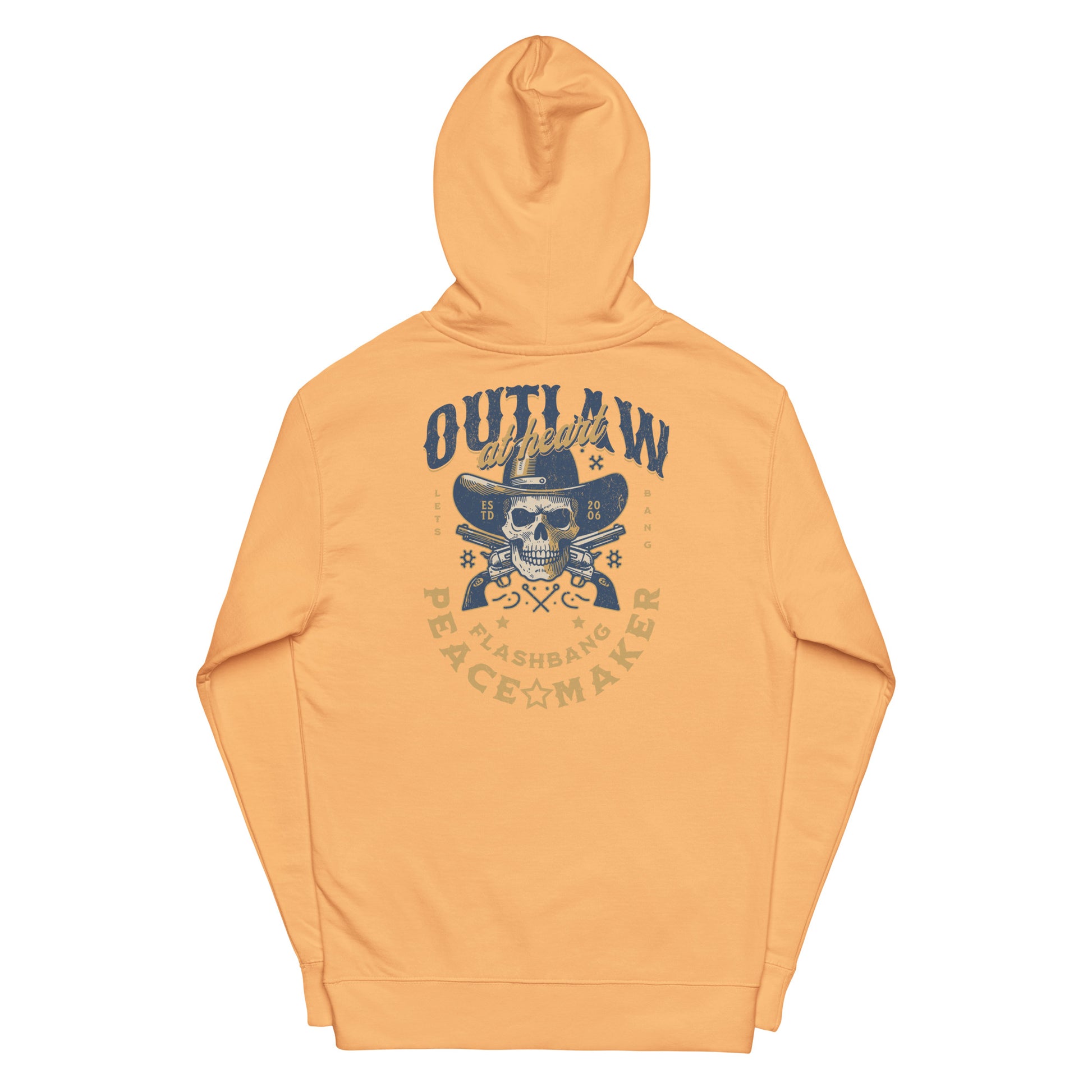 Orange hoodie with graphic design on the back on a white background
