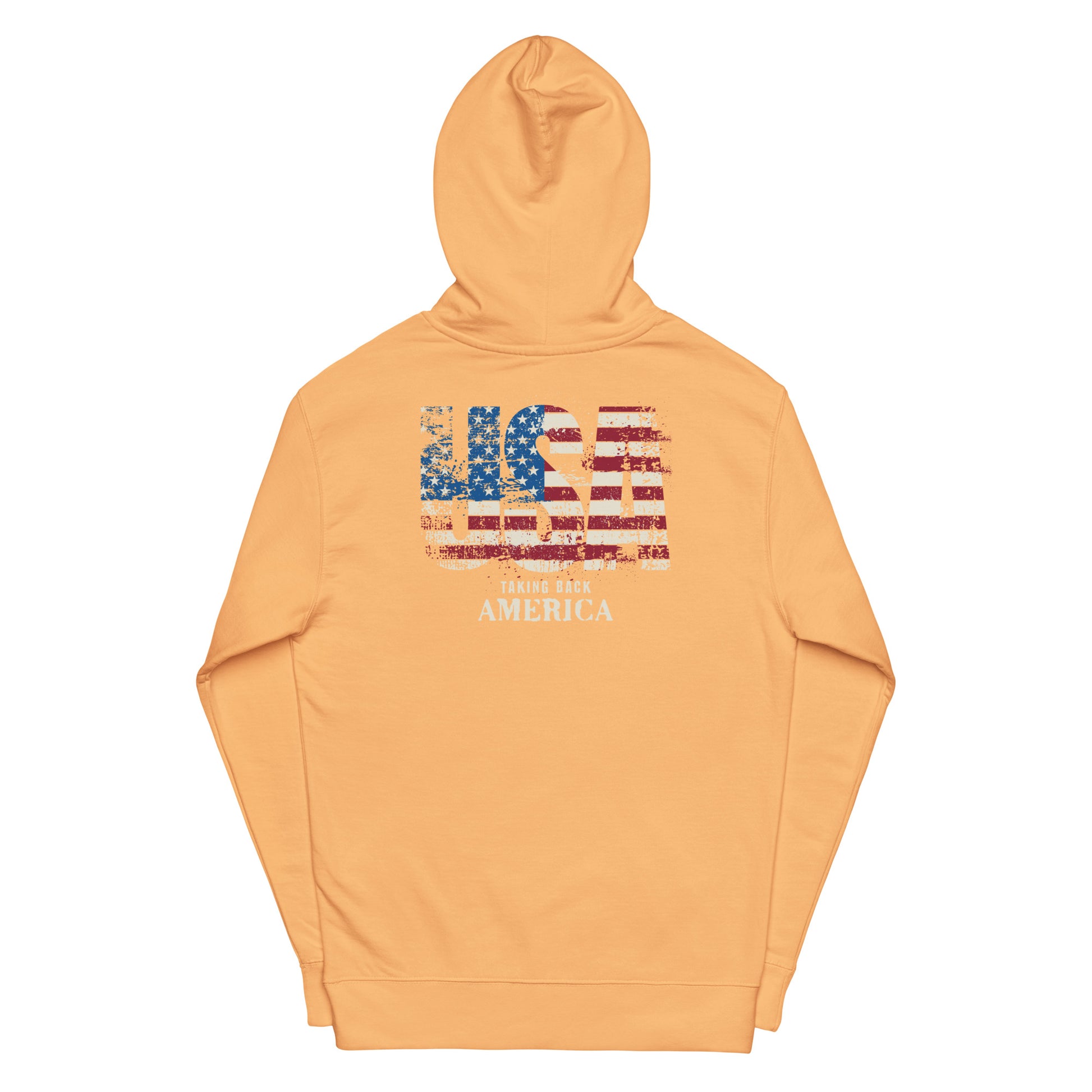 Orange hoodie with American flag design on the back against a white background