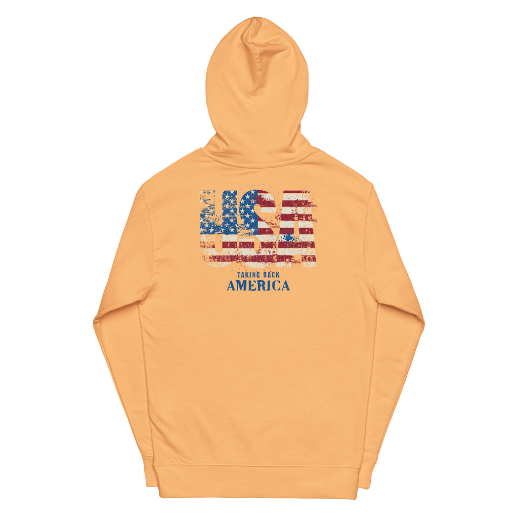 Orange hoodie with American flag design on the back against a white background