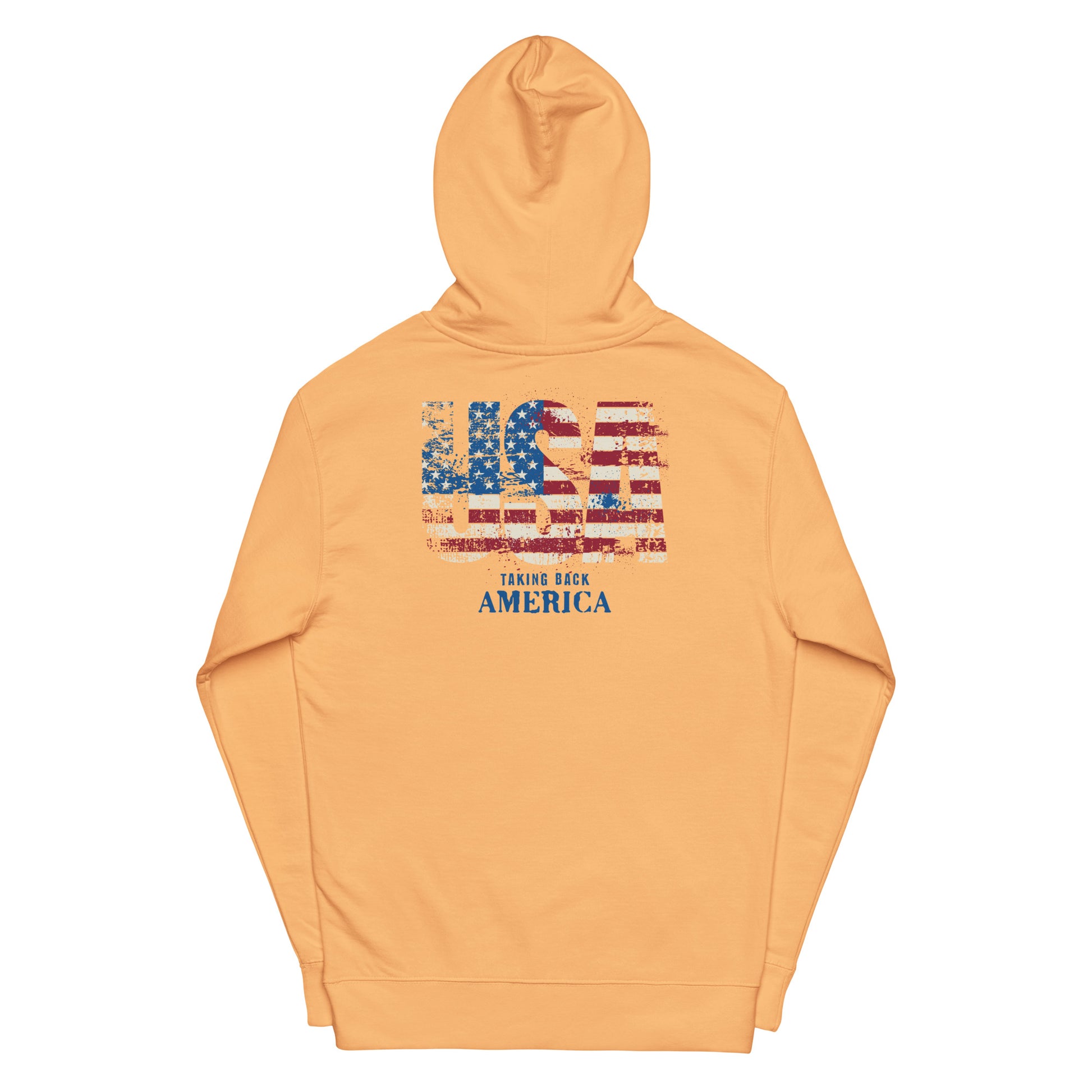 Orange hoodie with American flag design on the back against a white background