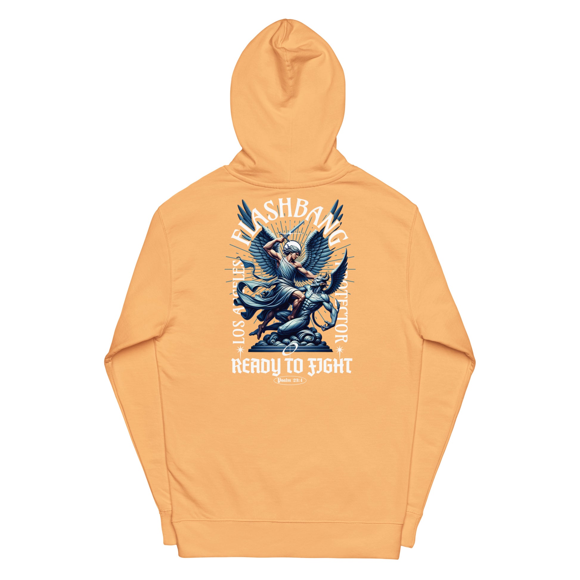 Orange hoodie with graphic design on the back on a white background