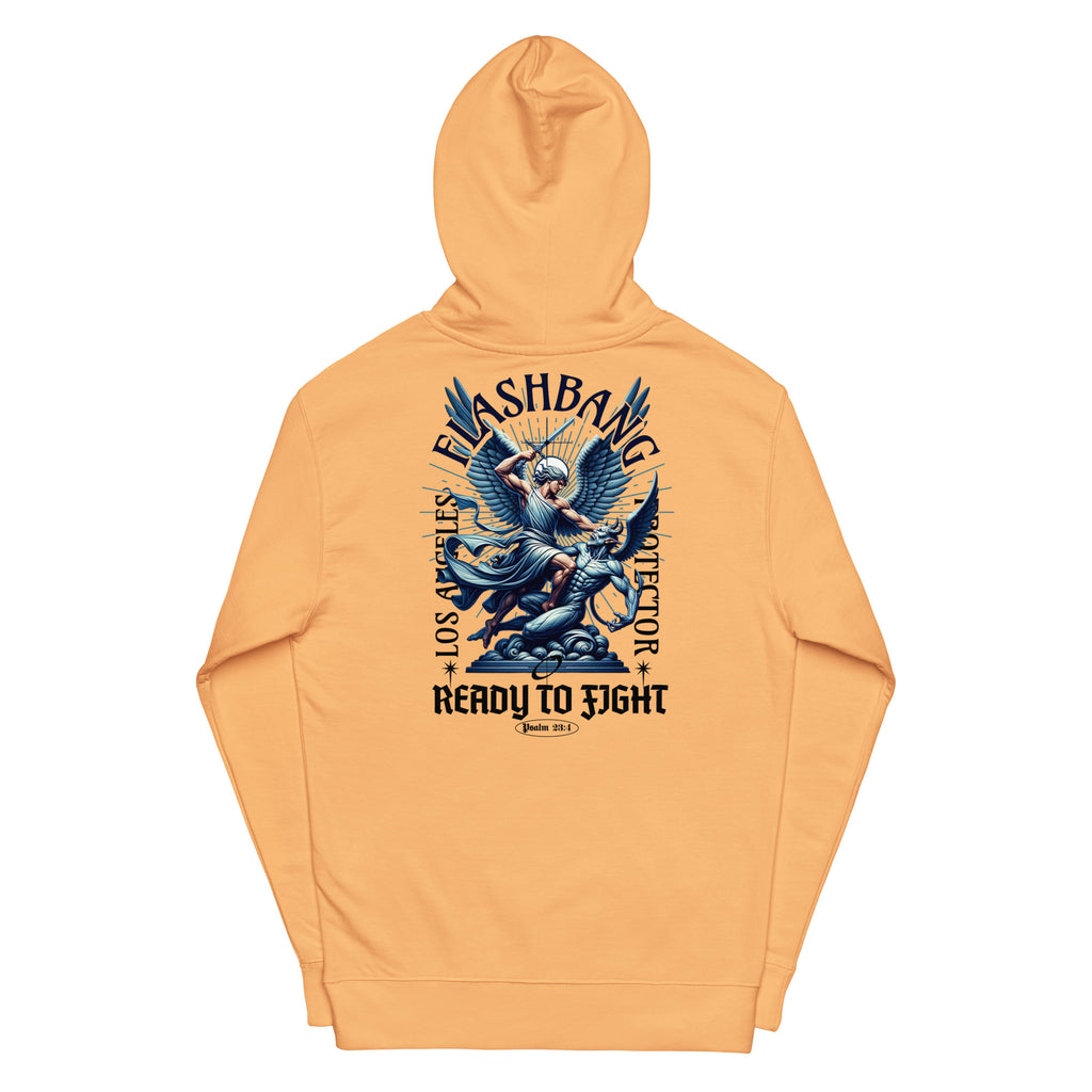 Orange hoodie with graphic design on the back on a white background