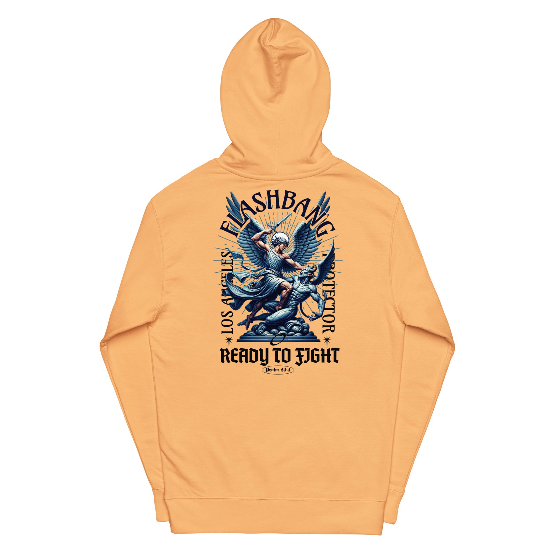 Orange hoodie with graphic design on the back on a white background