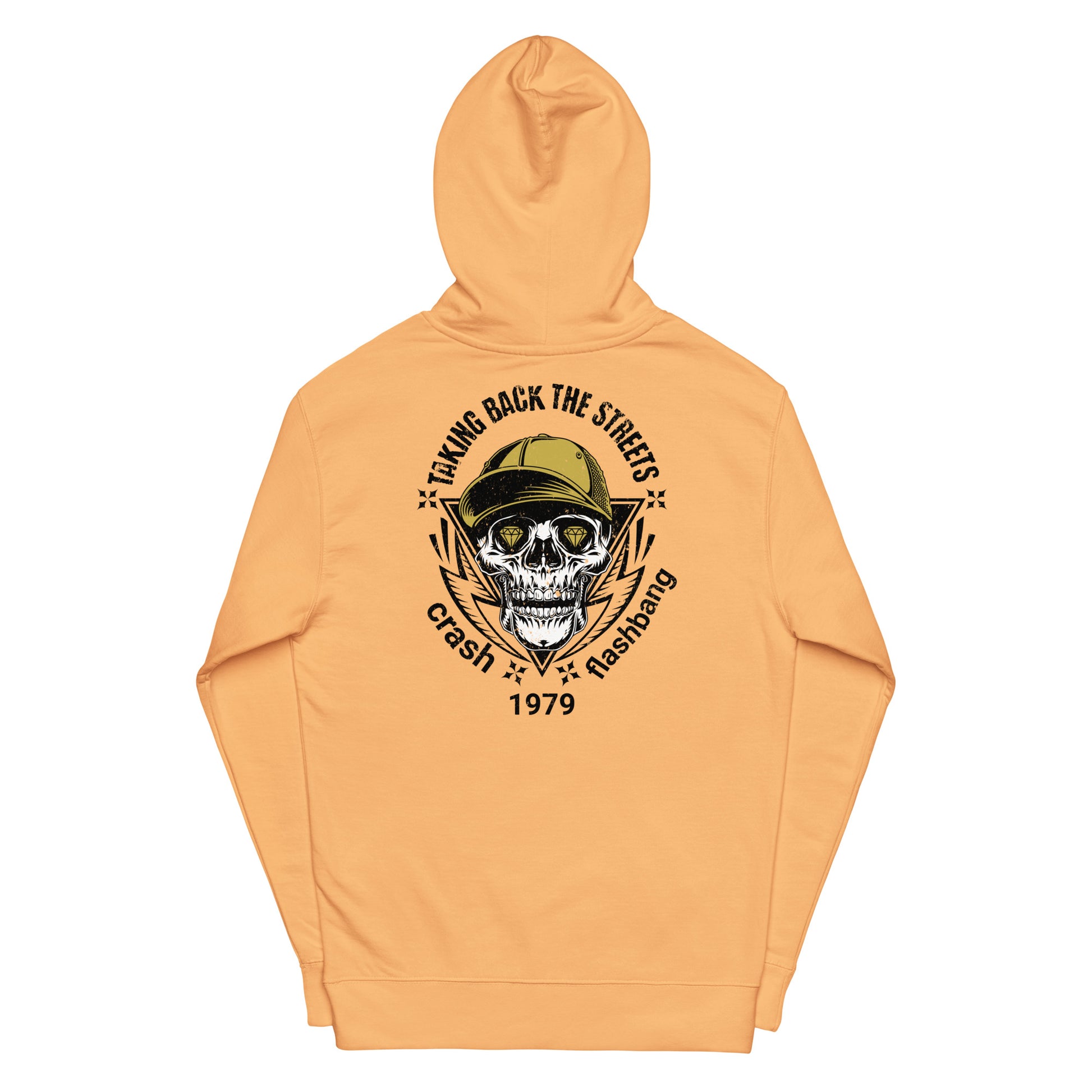 Orange hoodie with a skull and text design on the back against a white background