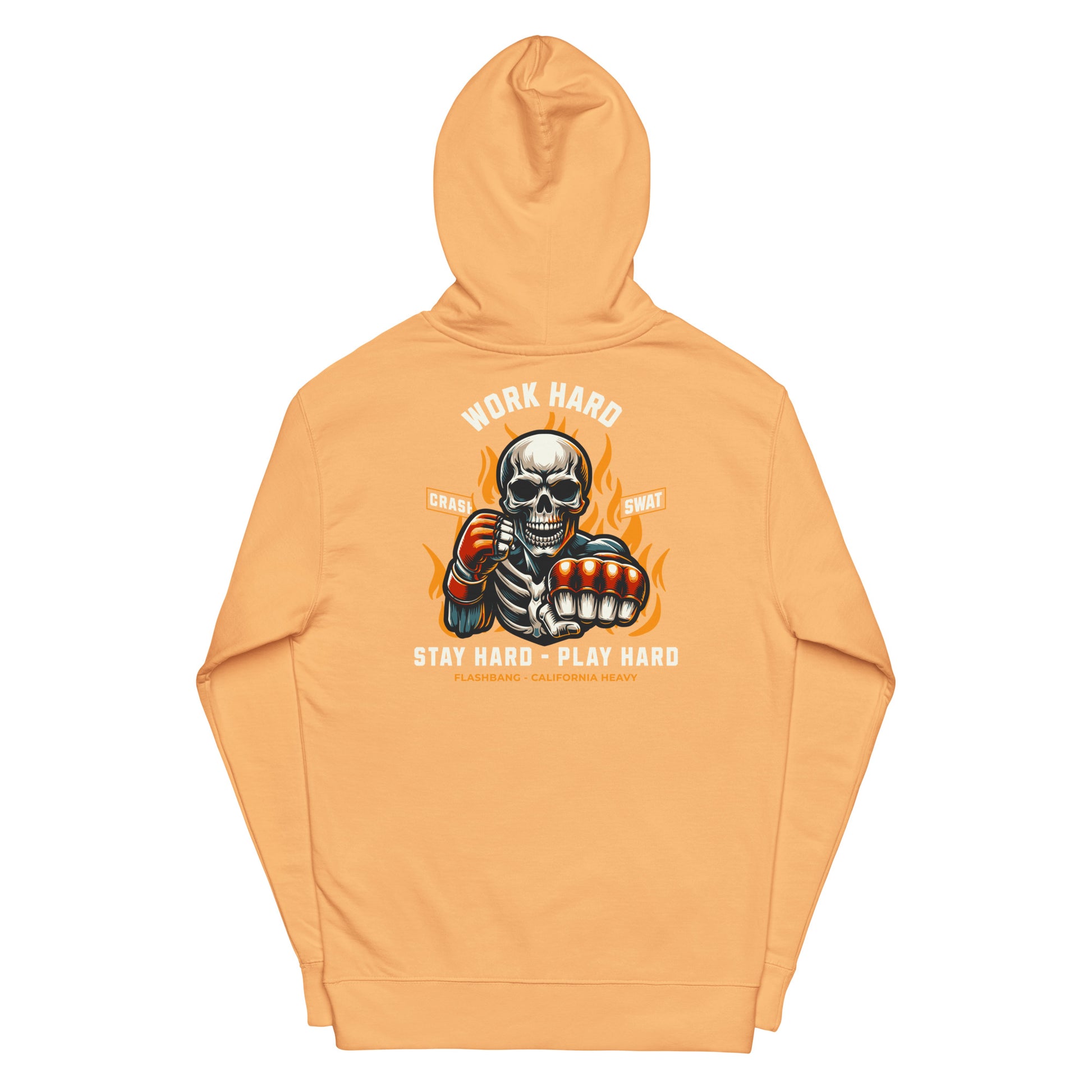 Orange hoodie with a graphic design on the back featuring a skeleton and text.