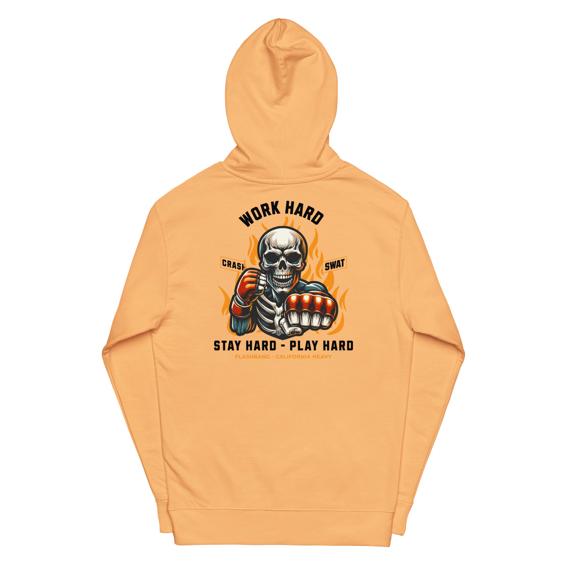 Orange hoodie with a skeleton design and text on the back against a white background