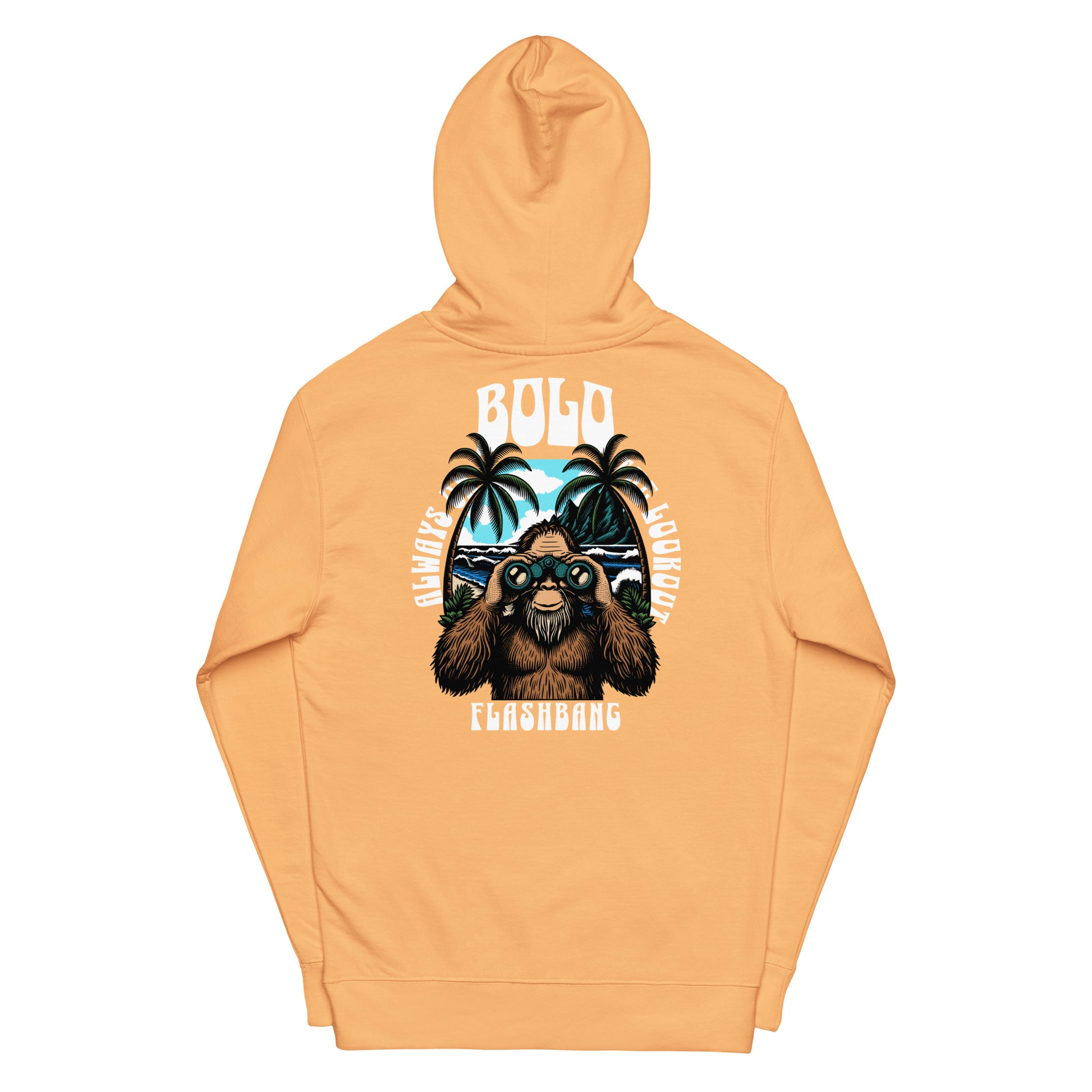 Orange hoodie with a graphic of a bear and palm trees on the back, on a white background.