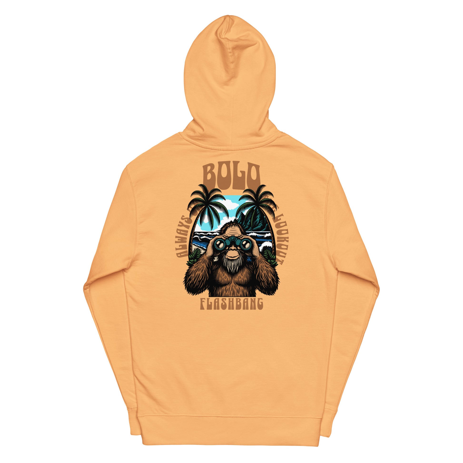 Orange hoodie with a bear graphic and text on the back against a white background