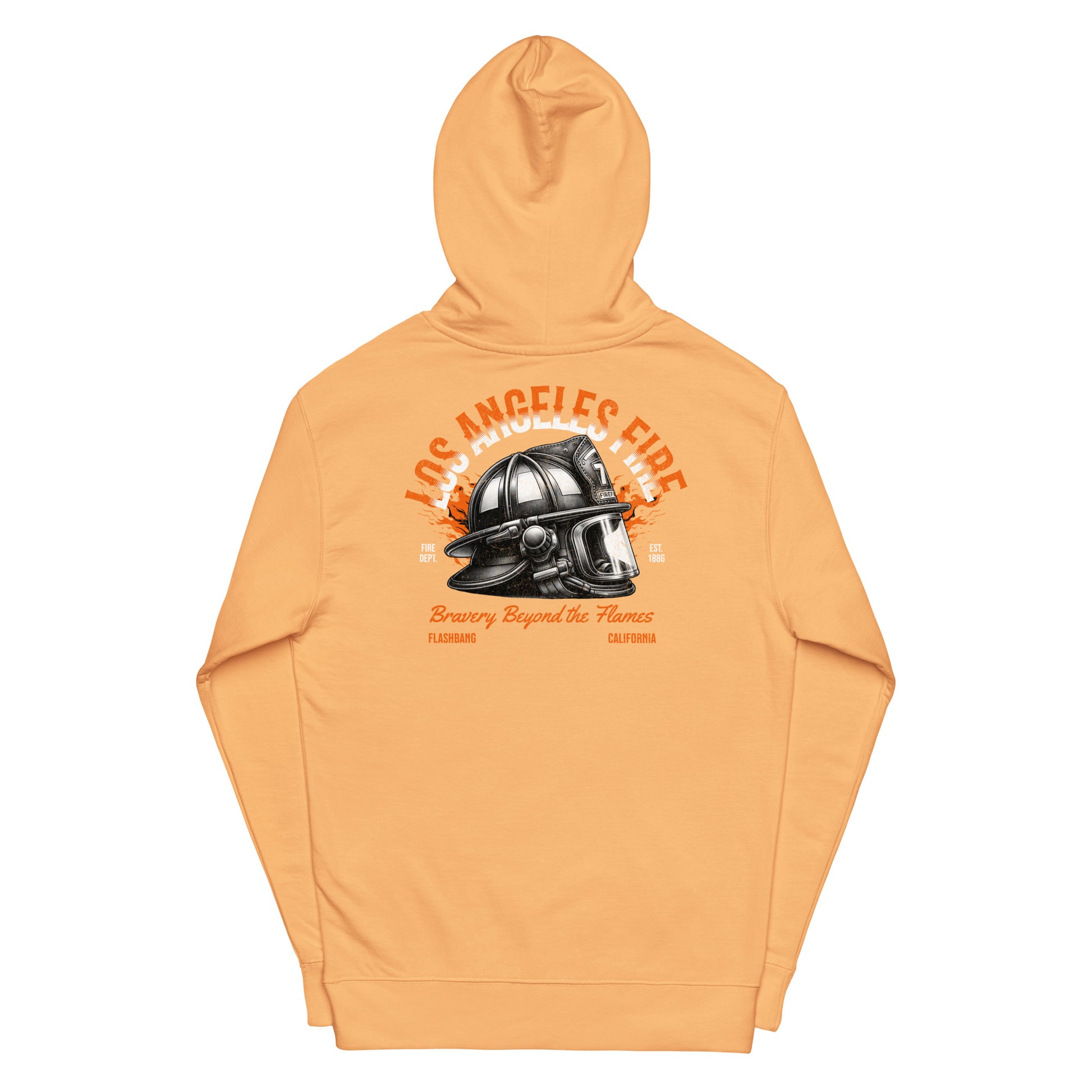 Orange hoodie with a fire helmet graphic and text on a white background