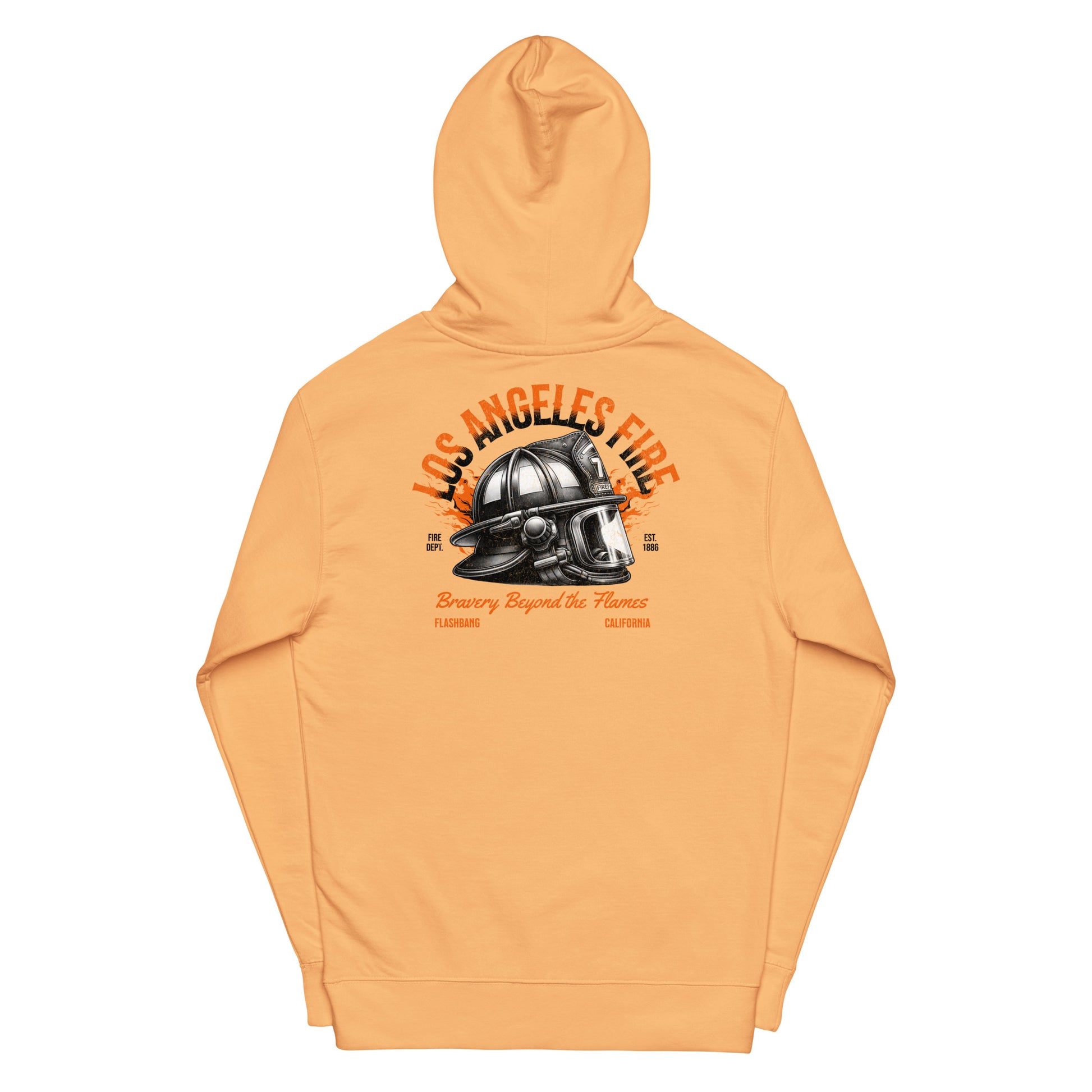 Orange hoodie with a graphic of a fire helmet and text on the back, on a white background.