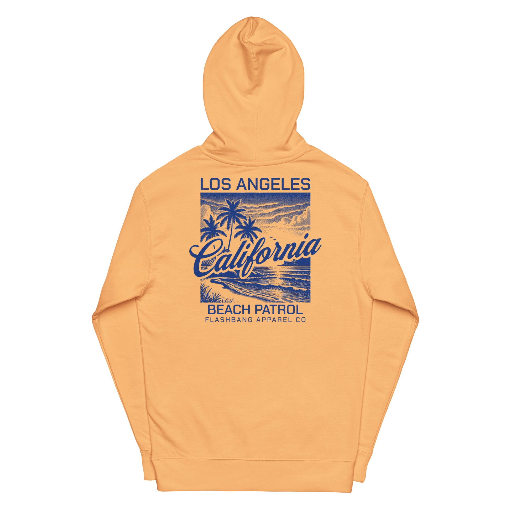 Orange hoodie with 'Los Angeles California Beach Patrol' graphic on a white background