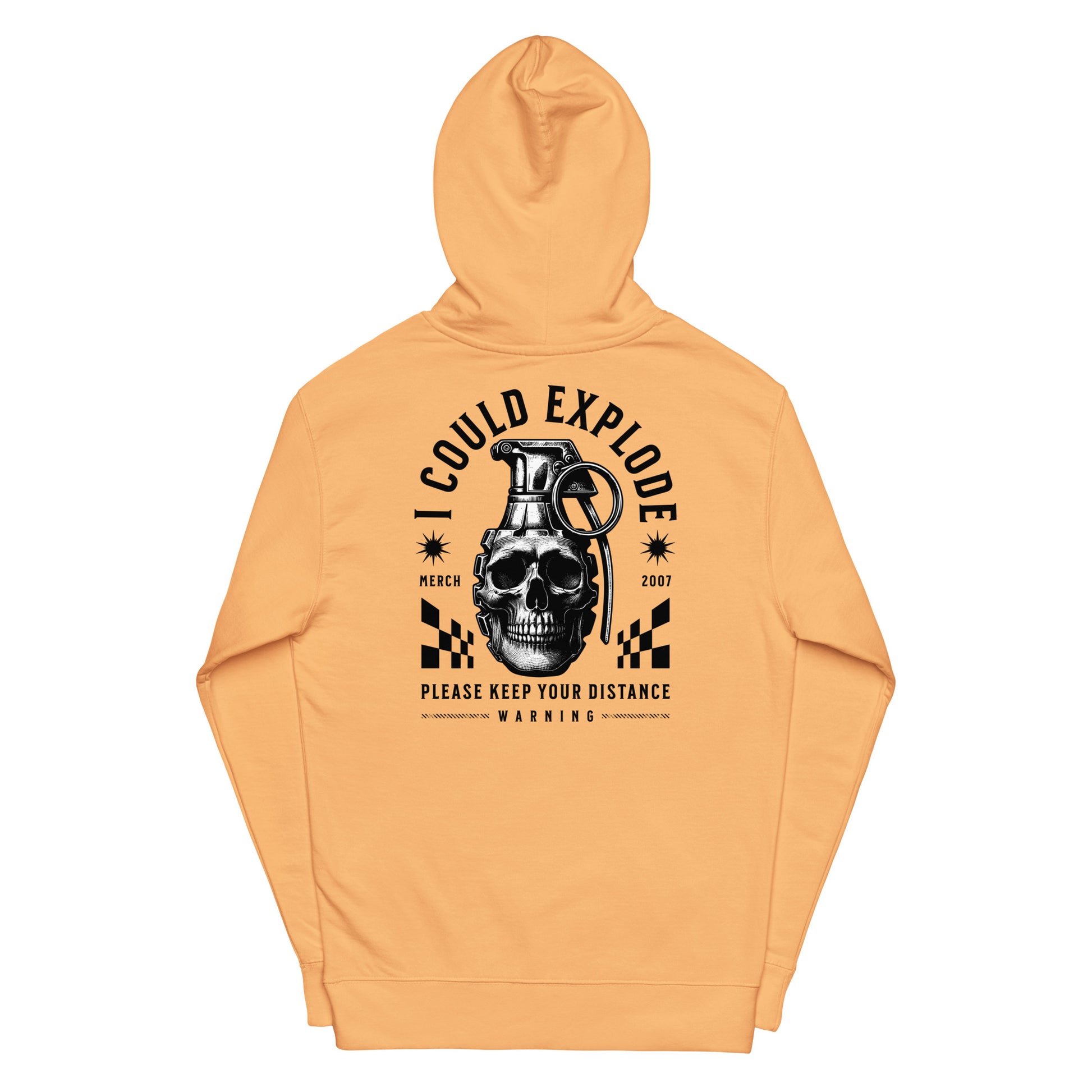 Orange hoodie with a graphic design on the back featuring a skull and grenade.