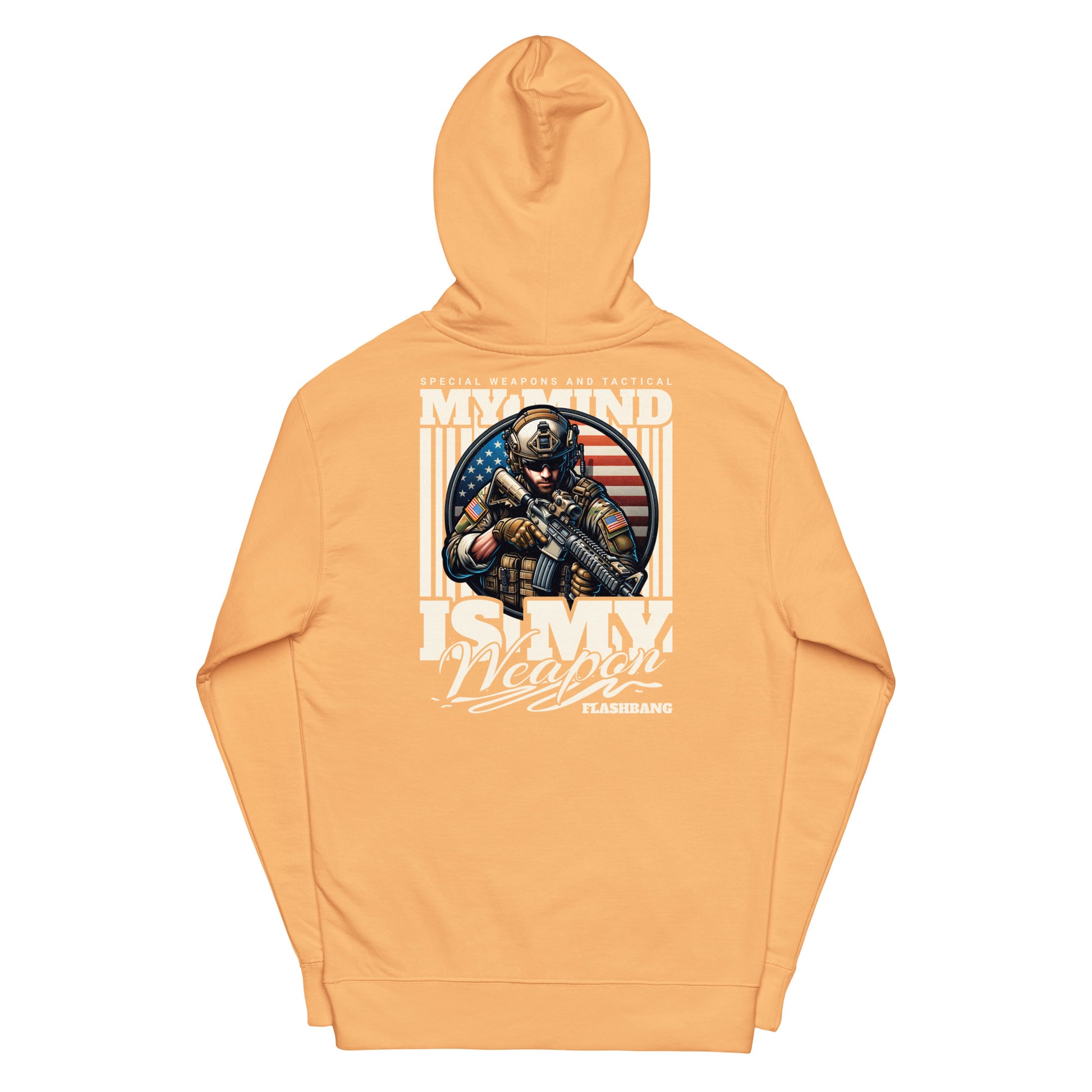 Orange hoodie with graphic design and text on a white background