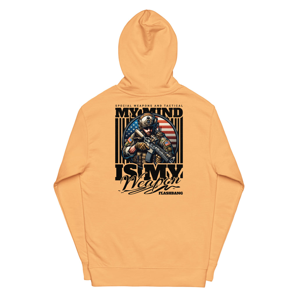 Orange hoodie with graphic design and text on a white background