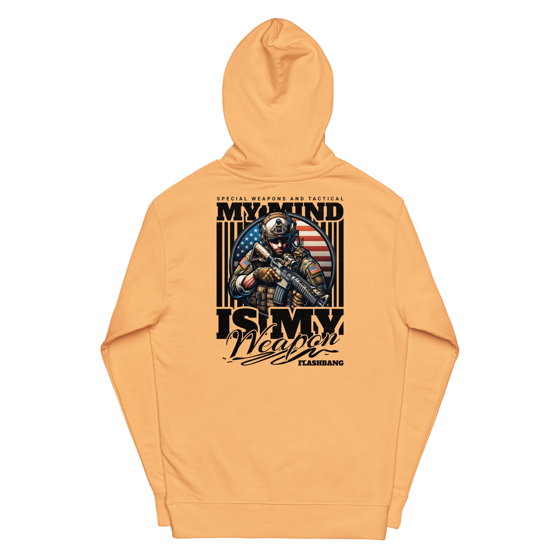 Orange hoodie with graphic design and text on a white background