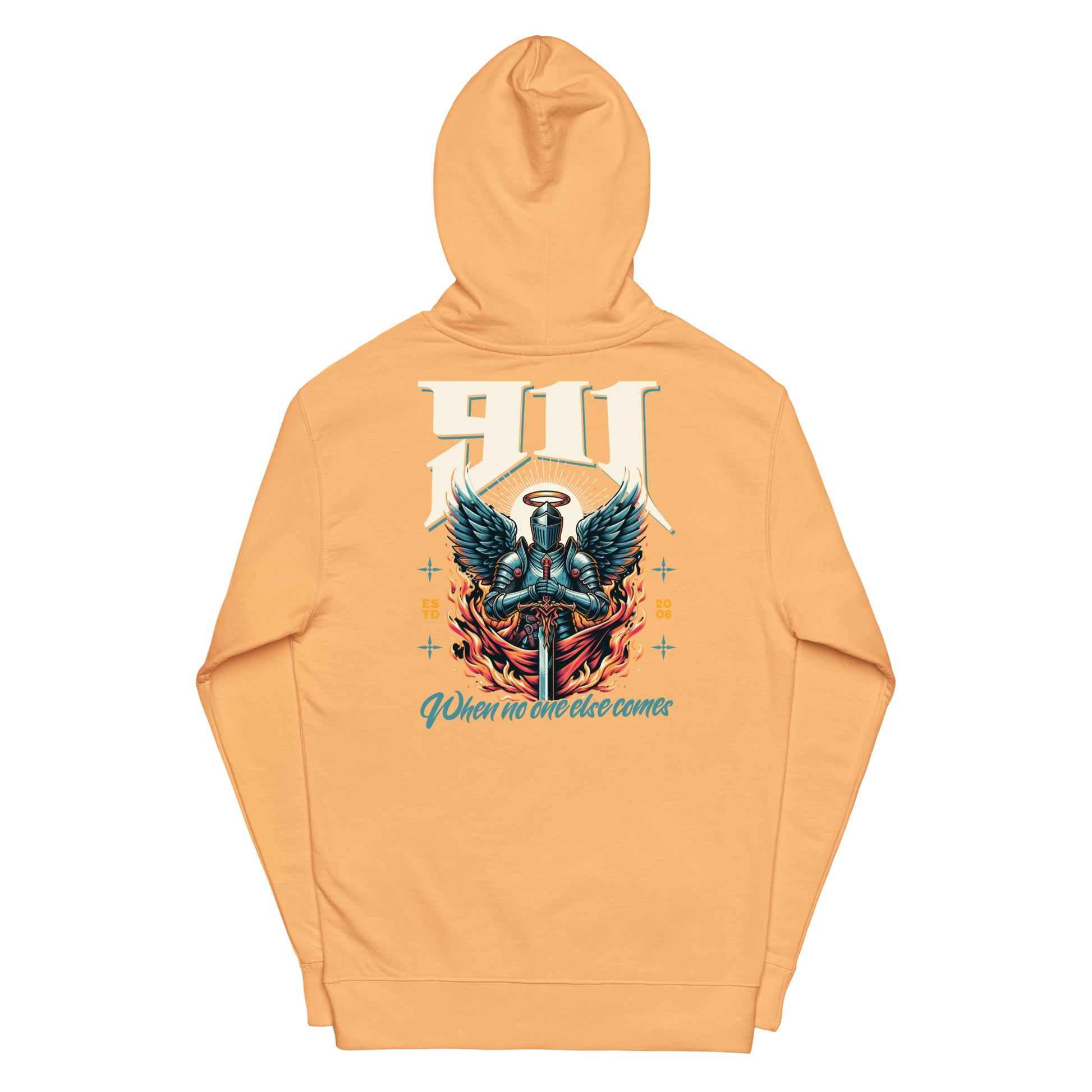 Orange hoodie with a graphic design on the back against a white background