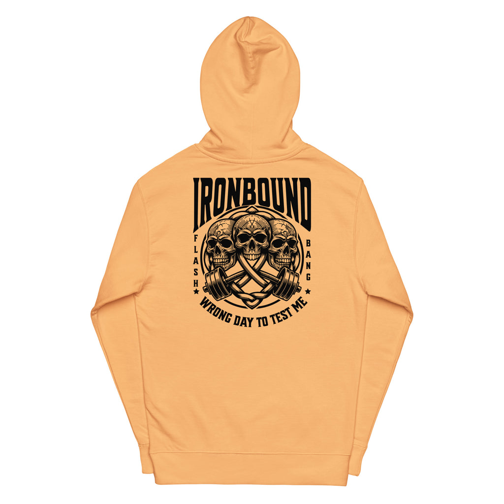 Orange hoodie with black graphic design on a white background
