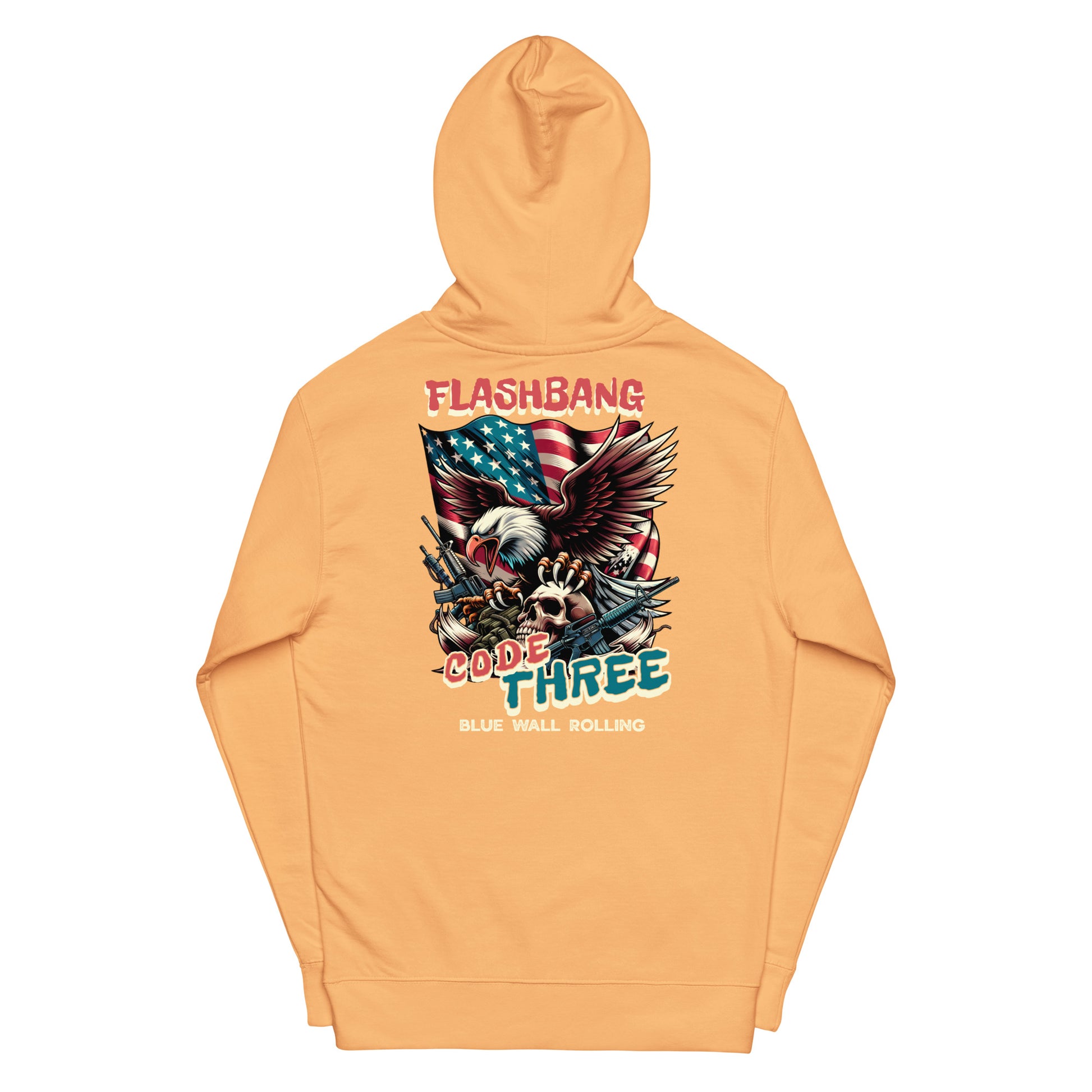 Orange hoodie with graphic design and text on a white background
