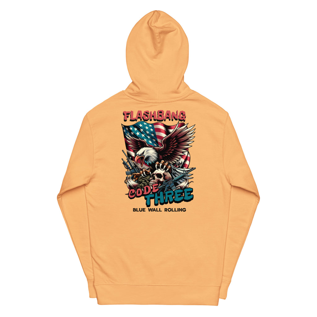 Orange hoodie with graphic design on the back featuring an American flag, eagle, and text.