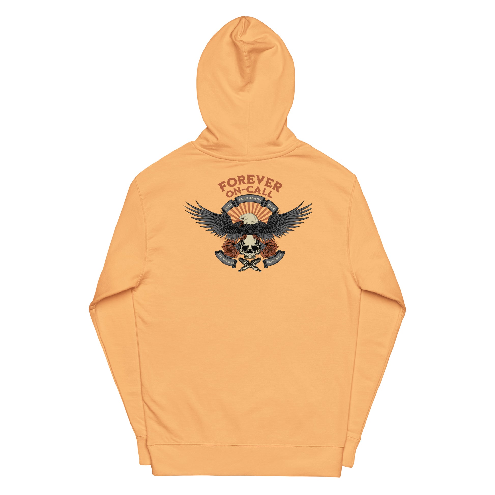 Orange hoodie with a graphic design on the back against a white background