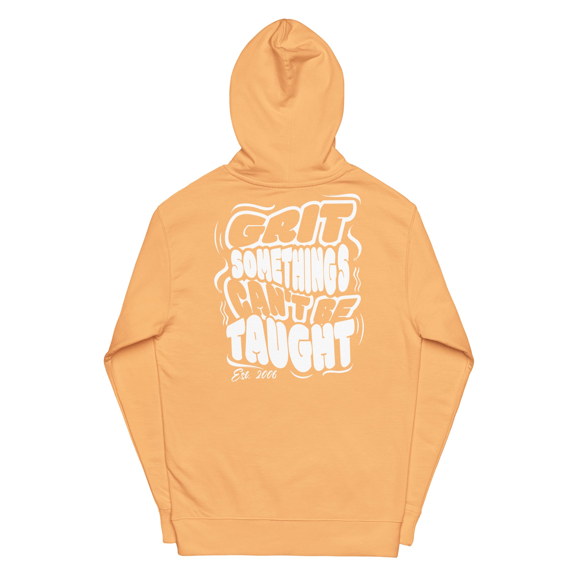 Orange hoodie with white text on a white background