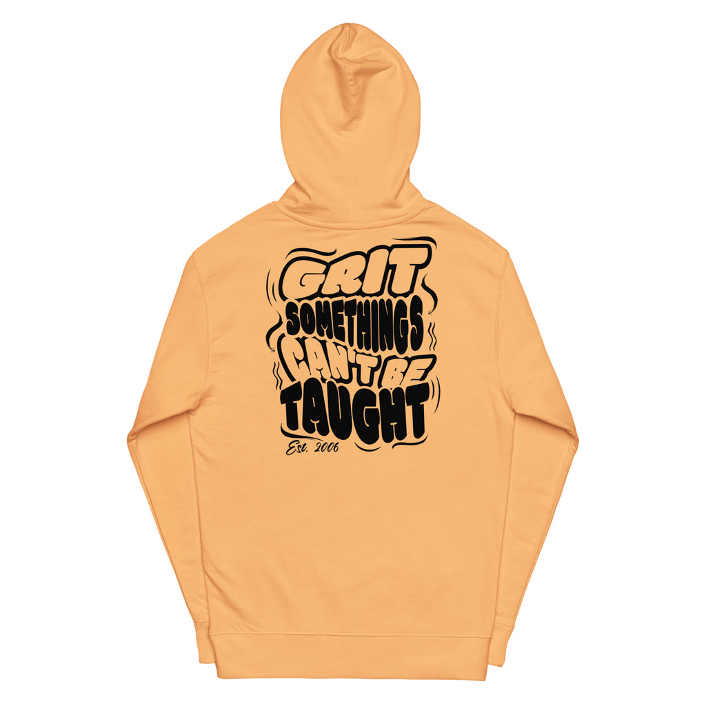 Orange hoodie with black text on a white background