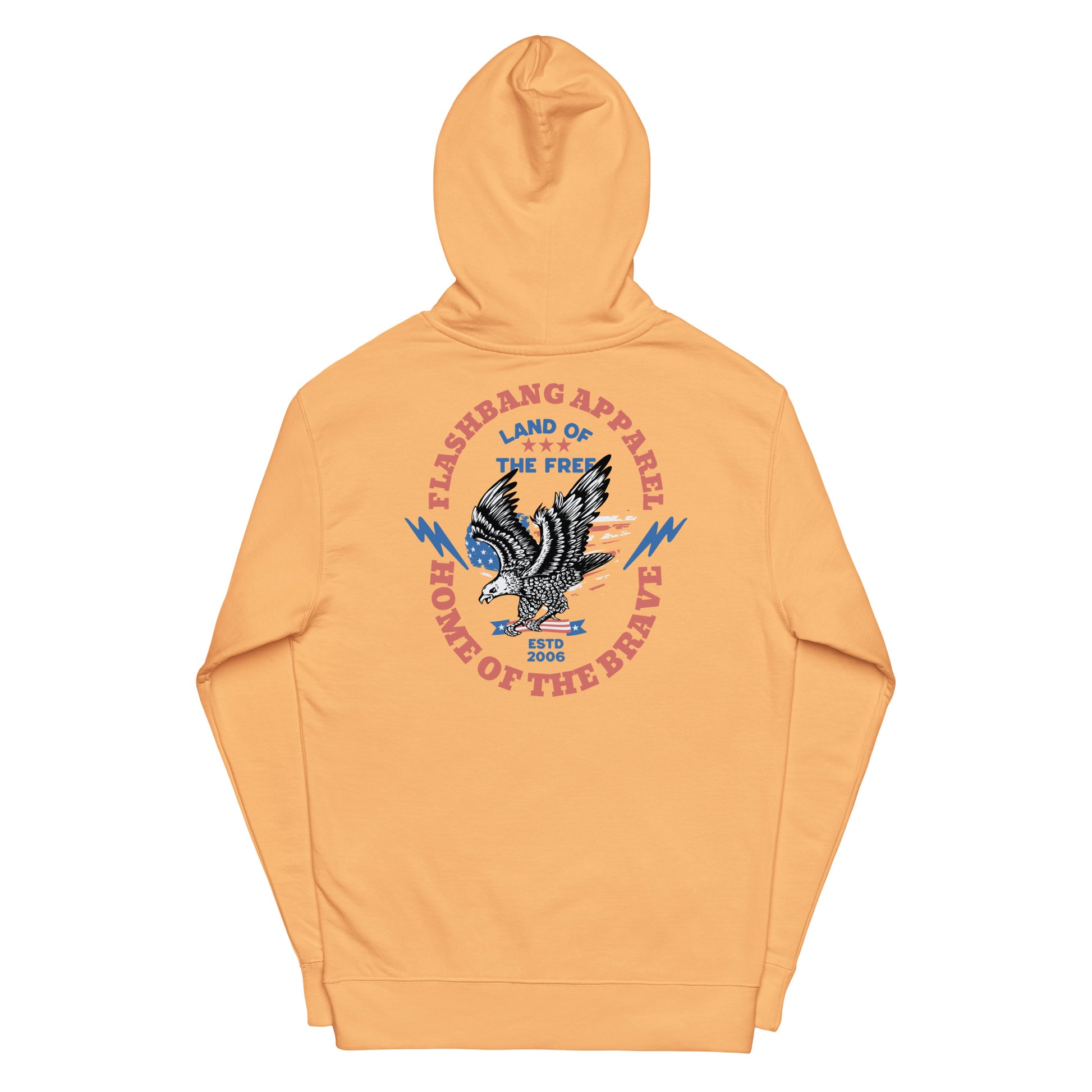 Orange hoodie with a graphic design on the back against a white background