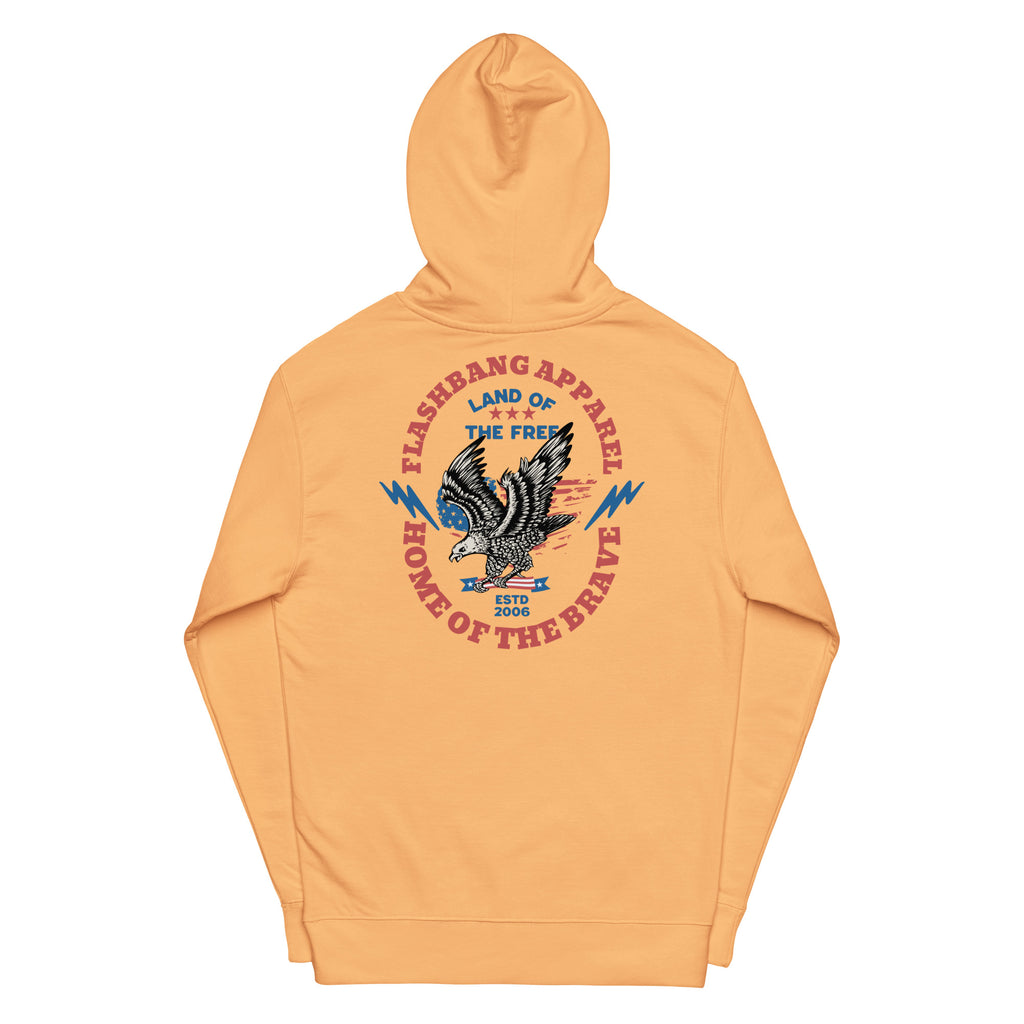 Orange hoodie with graphic design on a white background