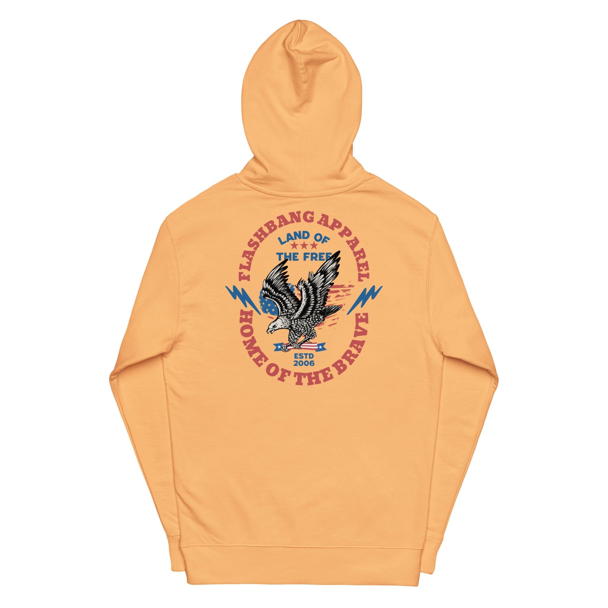 Orange hoodie with graphic design on a white background