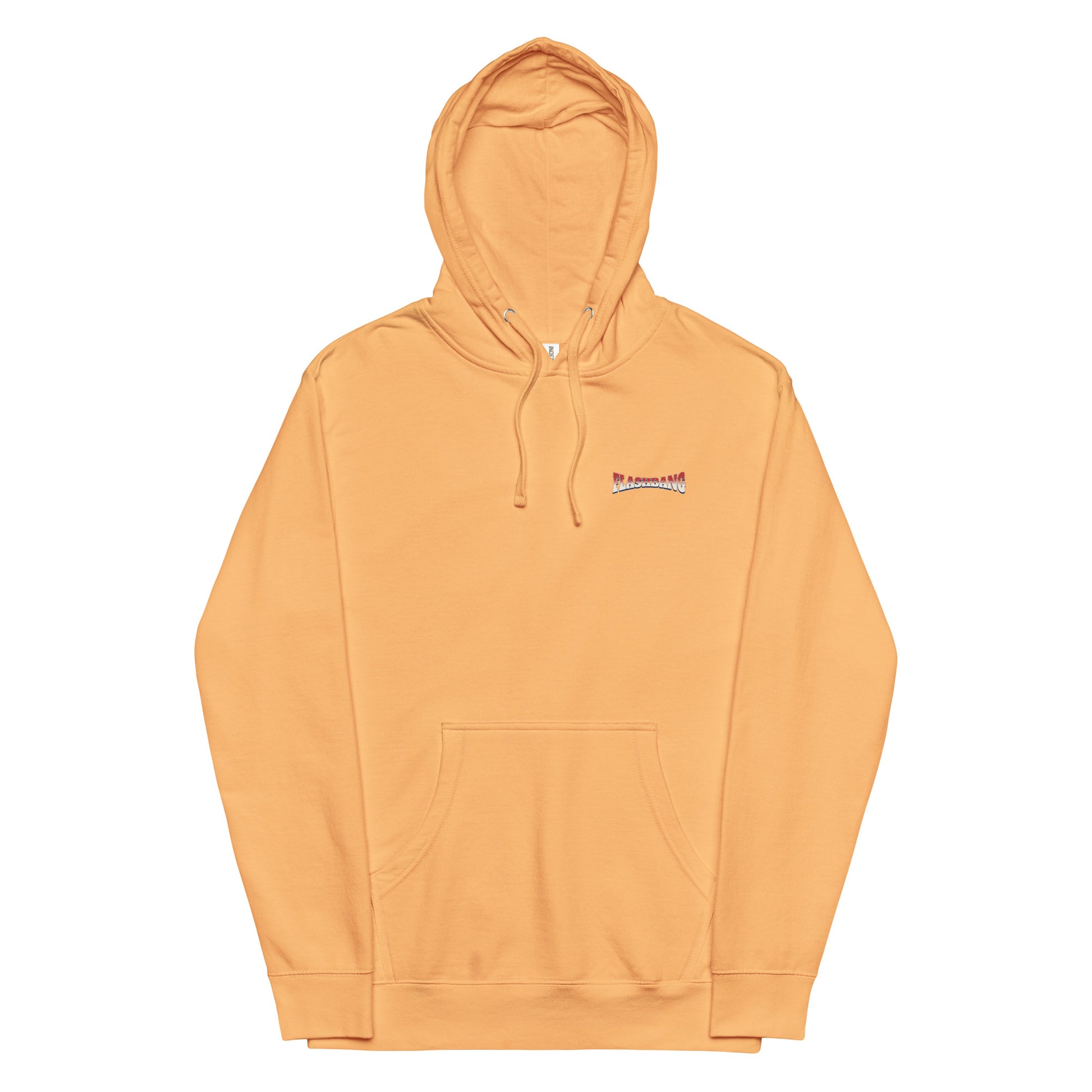 Orange hoodie with a small logo on a white background