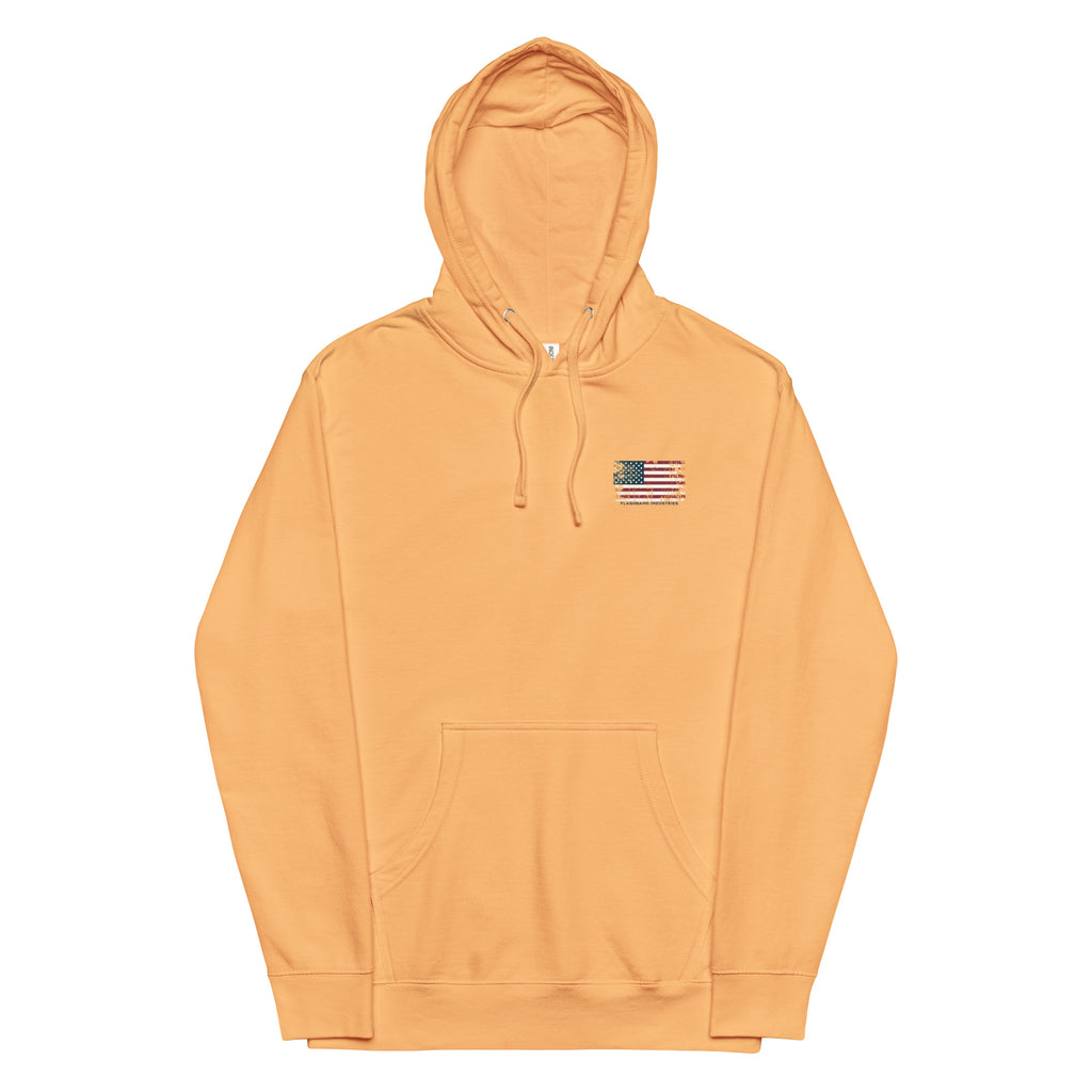 Orange hoodie with a small flag patch on a white background