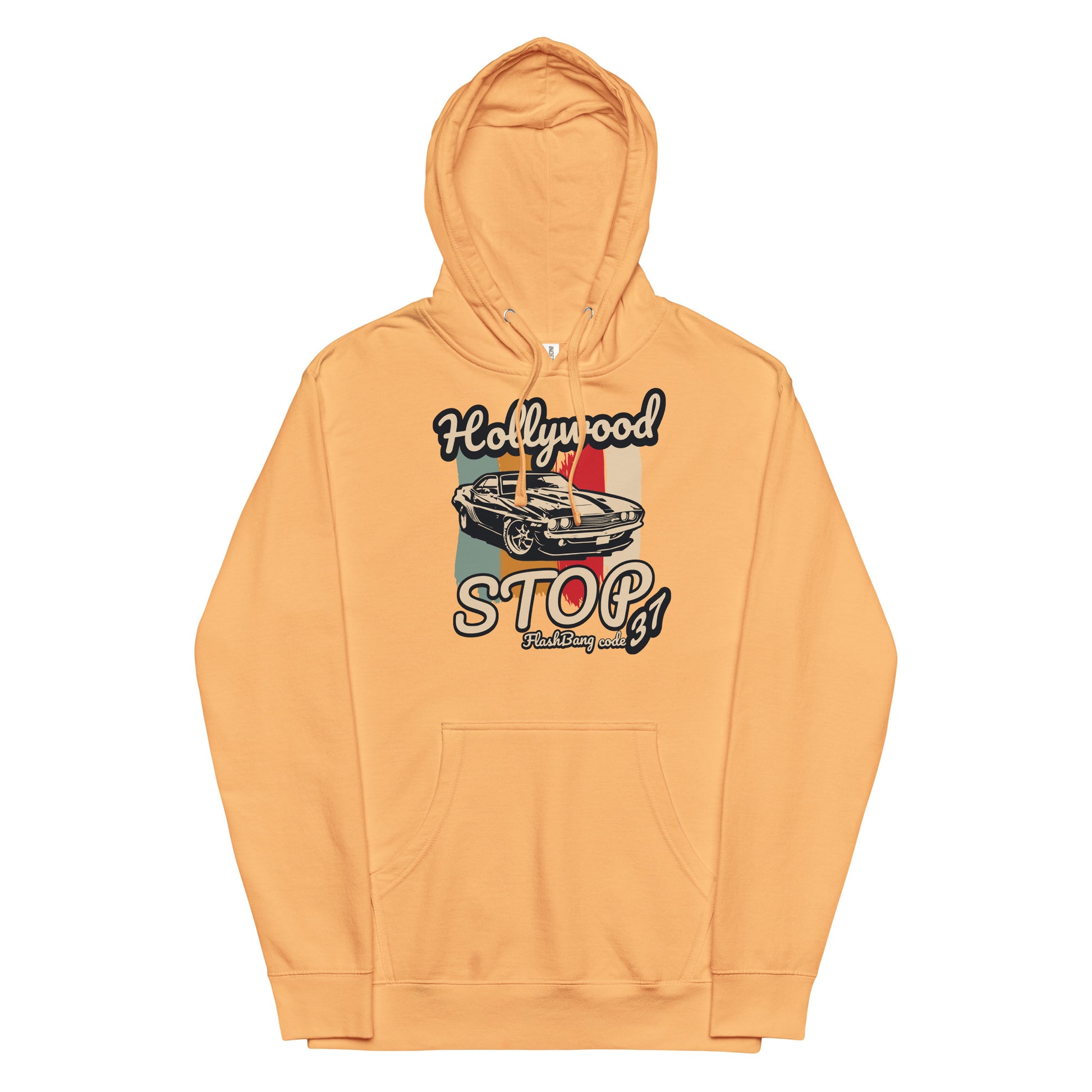 Orange hoodie with graphic design on a white background