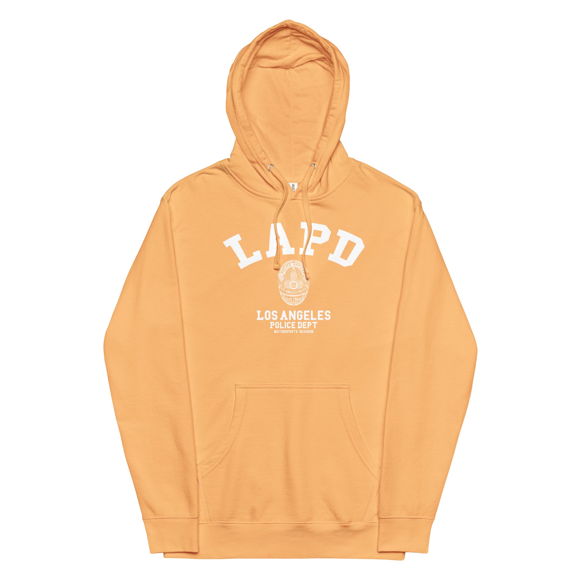 Orange hoodie with 'LAPD' and 'Los Angeles Police Department' text on a white background