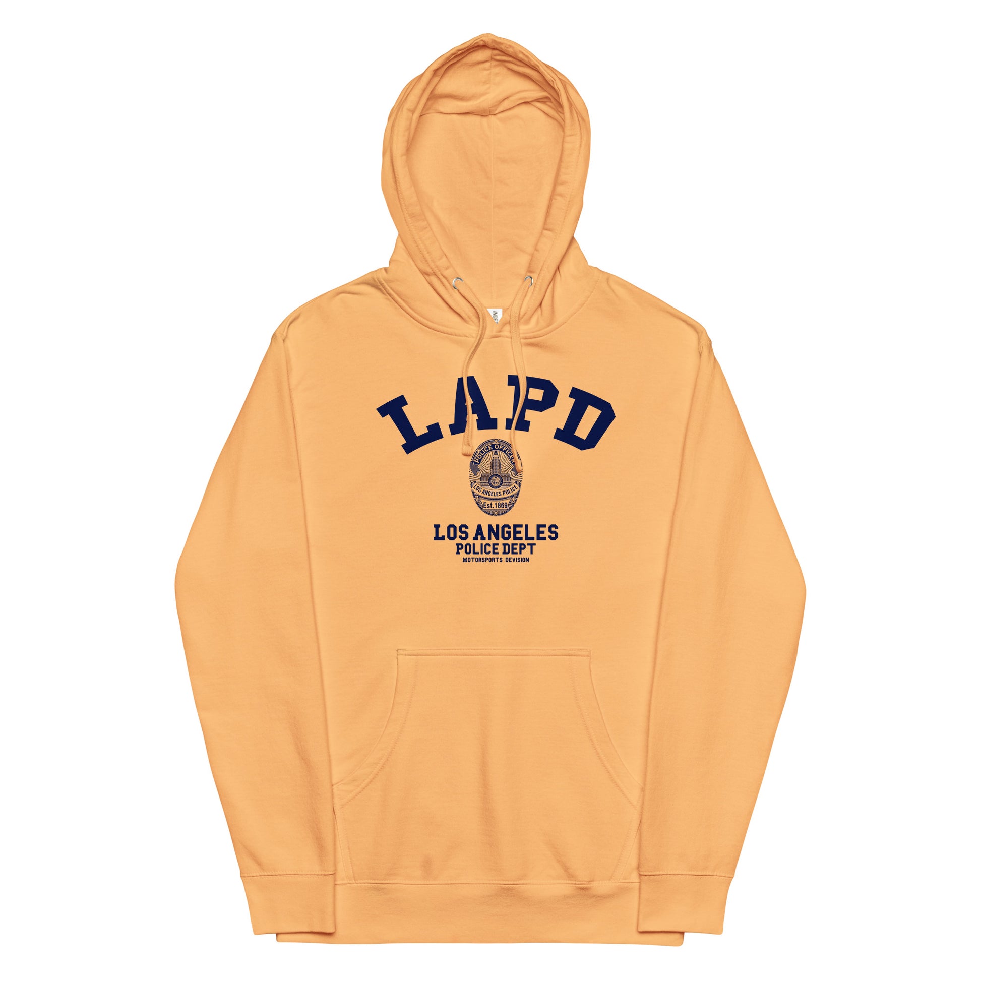 Orange hoodie with LAPD and Los Angeles Police Dept text on a white background