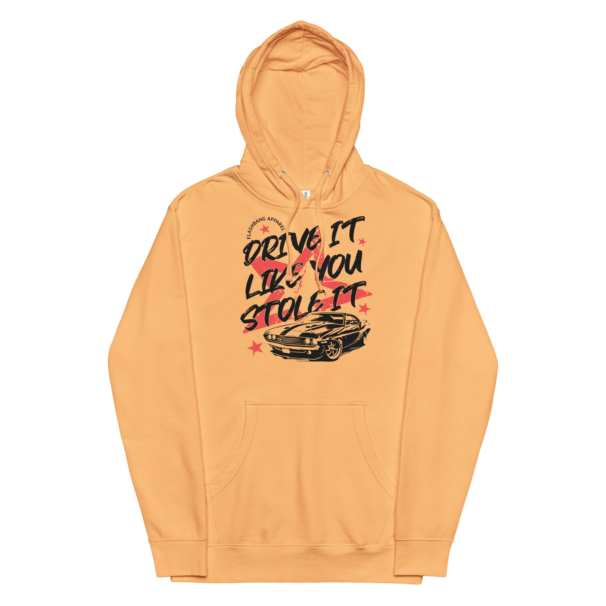 Orange hoodie with graphic design and text on a white background