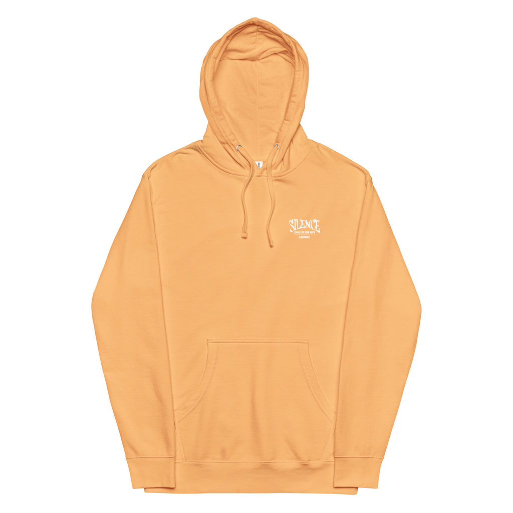 Orange hoodie with a small logo on a white background
