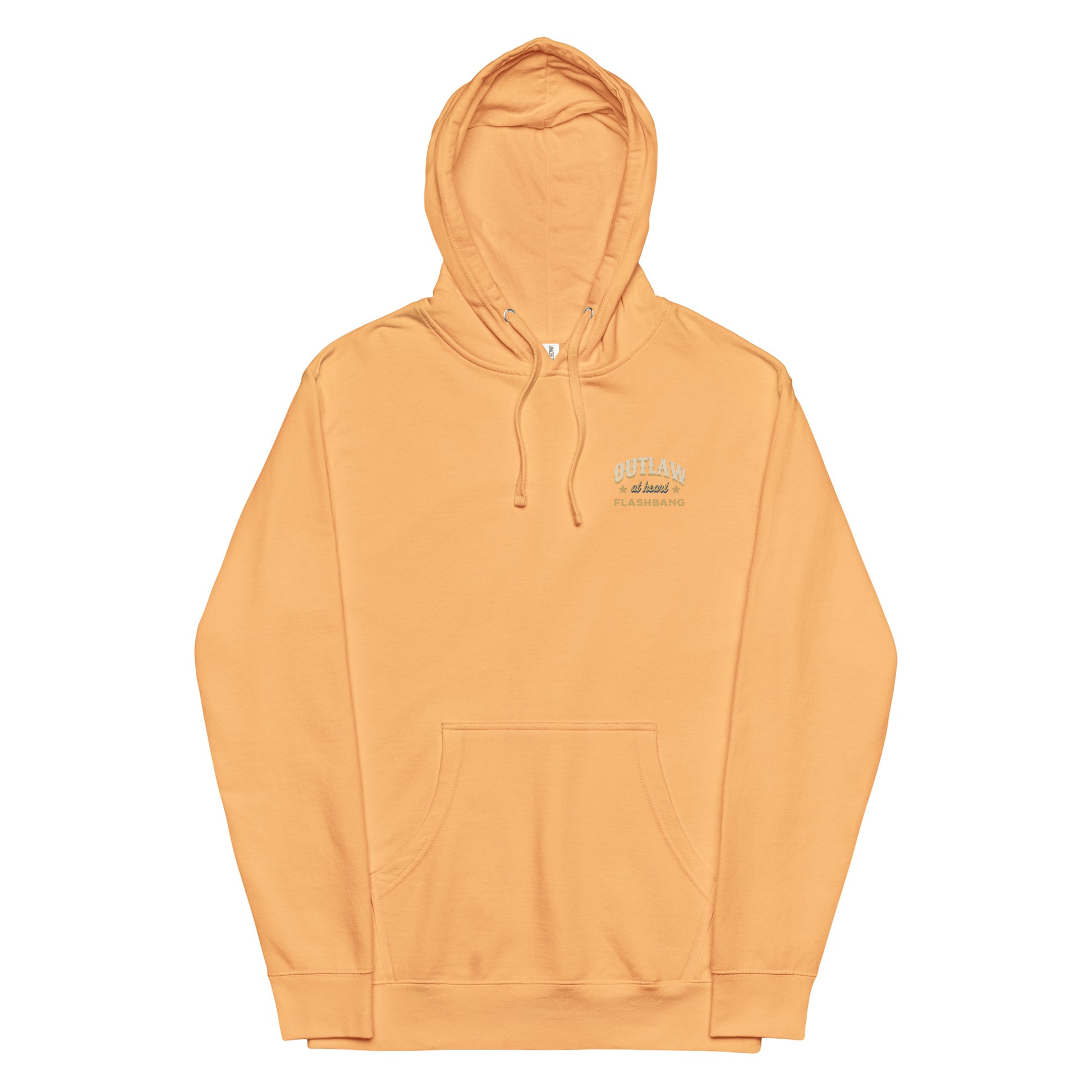 Orange hoodie with a small logo on the chest against a white background