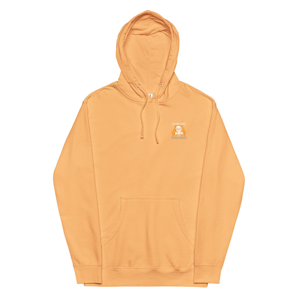 Orange hoodie with a small logo on a white background