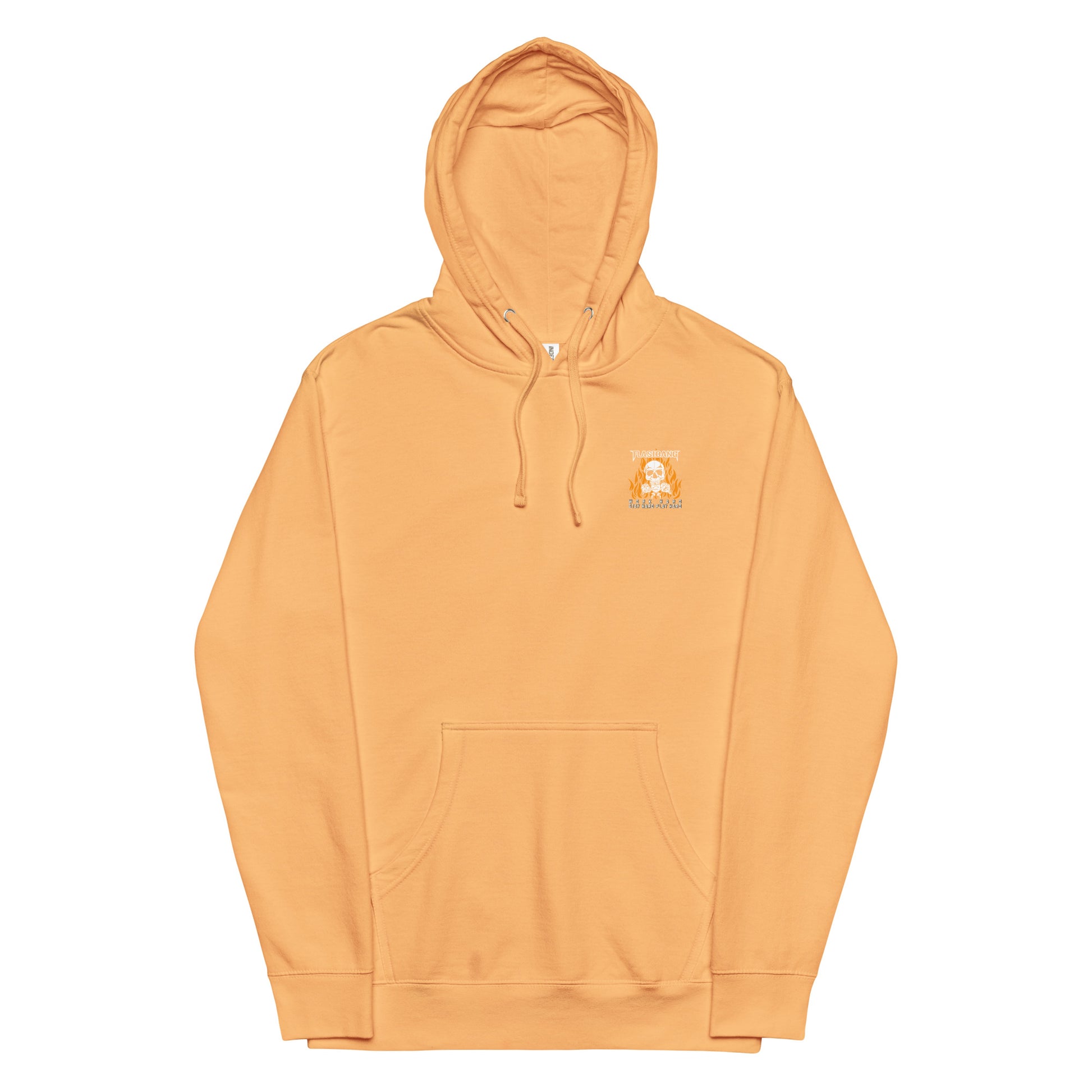 Orange hoodie with a small logo on a white background