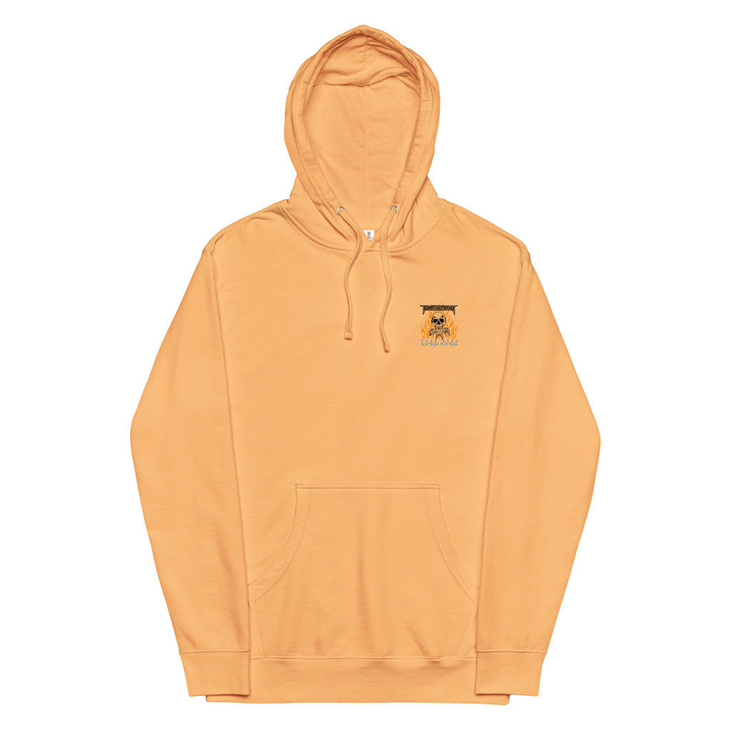 Orange hoodie with a small logo on the chest against a white background