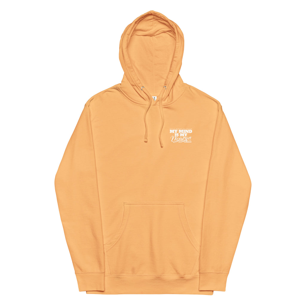 Orange hoodie with a logo on the chest against a white background