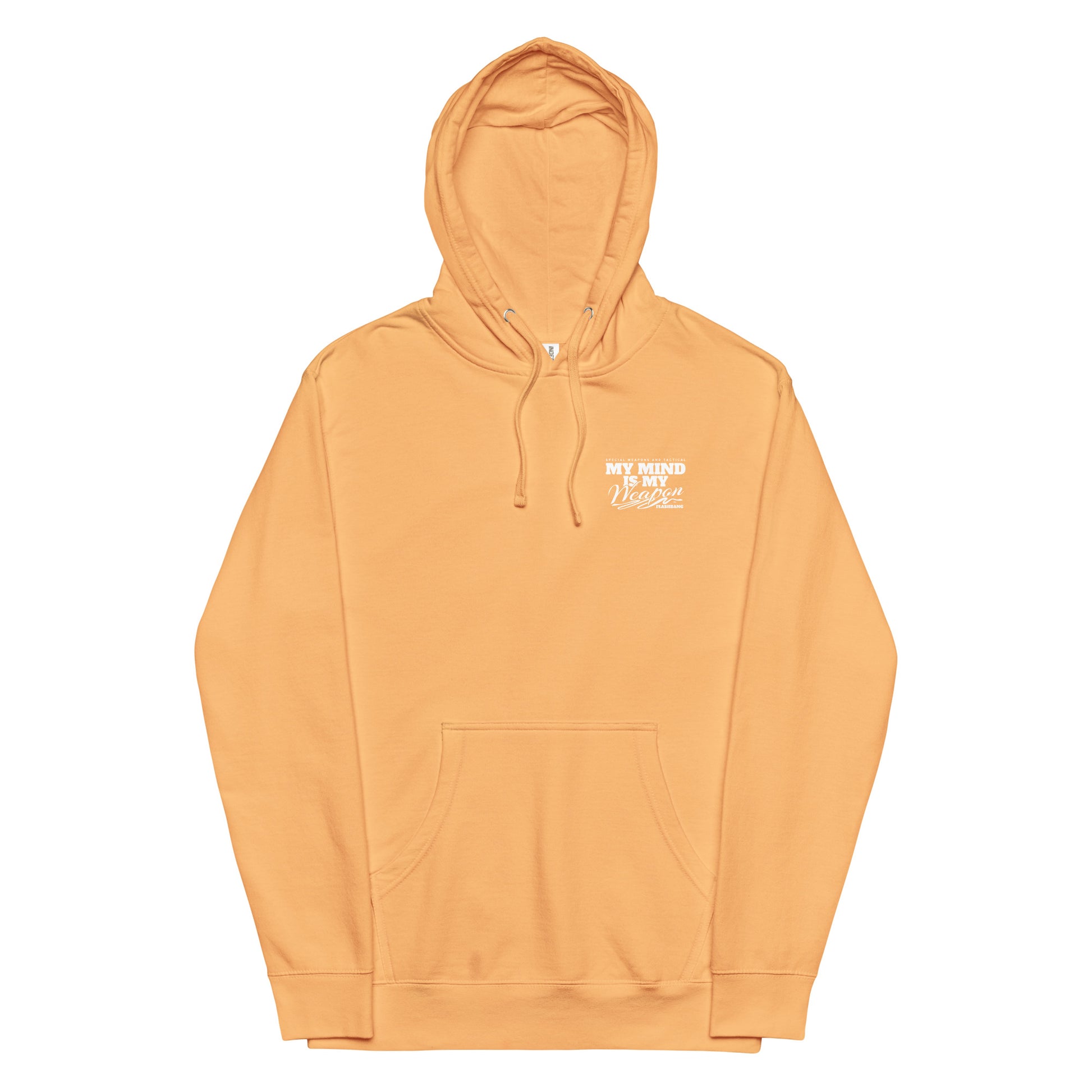 Orange hoodie with a logo on the chest against a white background