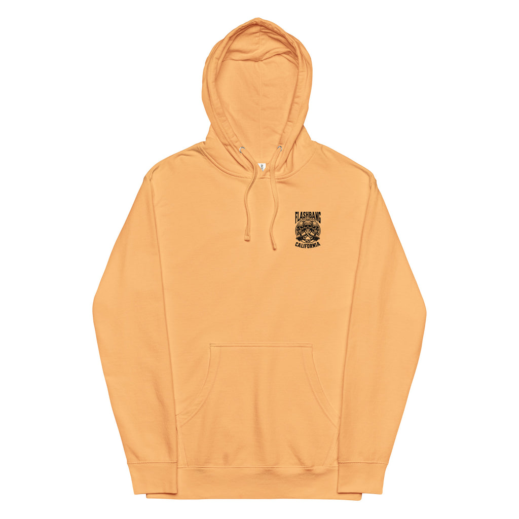 Orange hoodie with a small logo on the chest against a white background