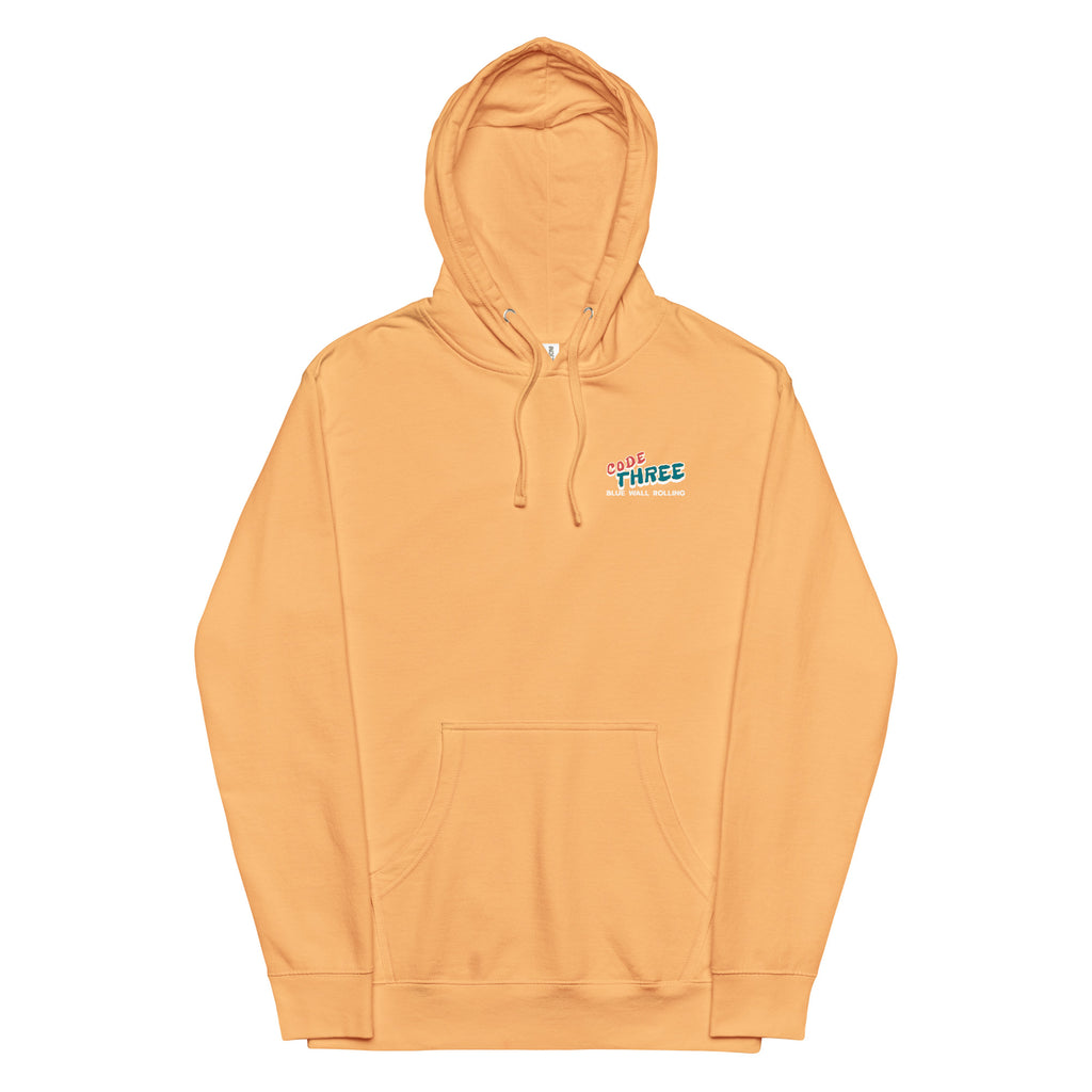 Orange hoodie with a logo on the chest against a white background