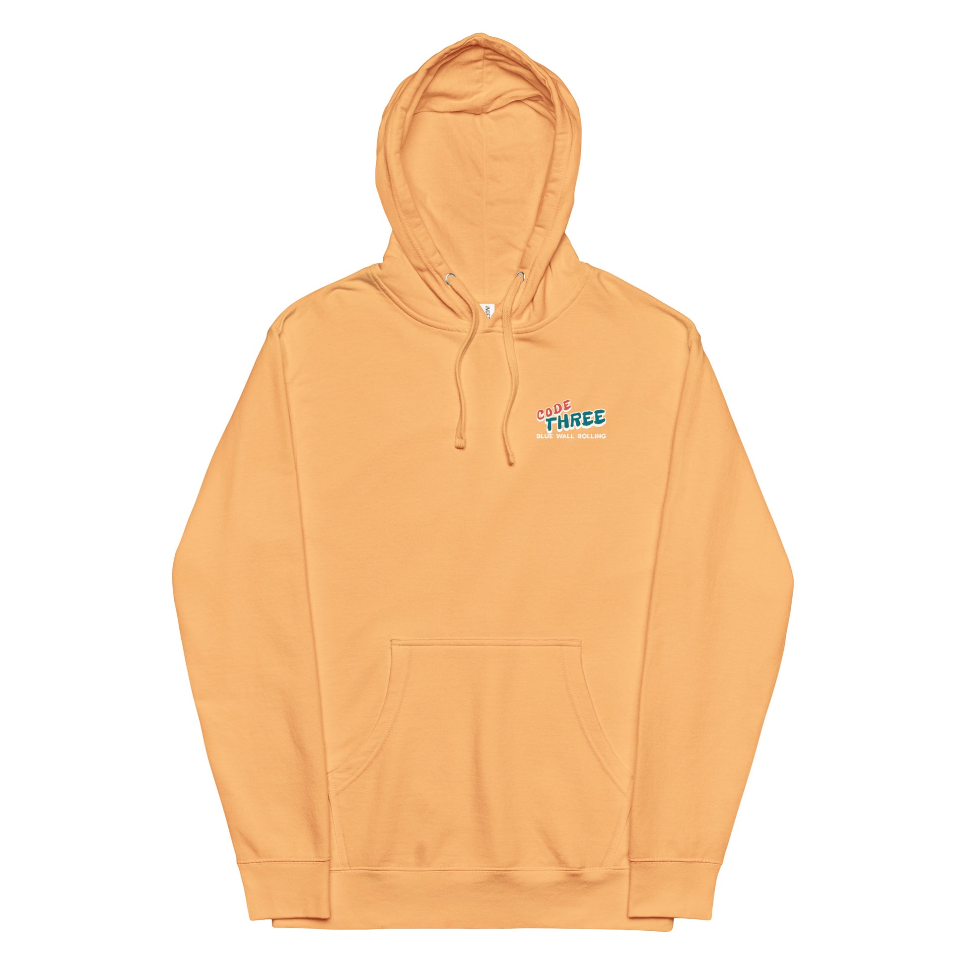 Orange hoodie with a logo on the chest against a white background