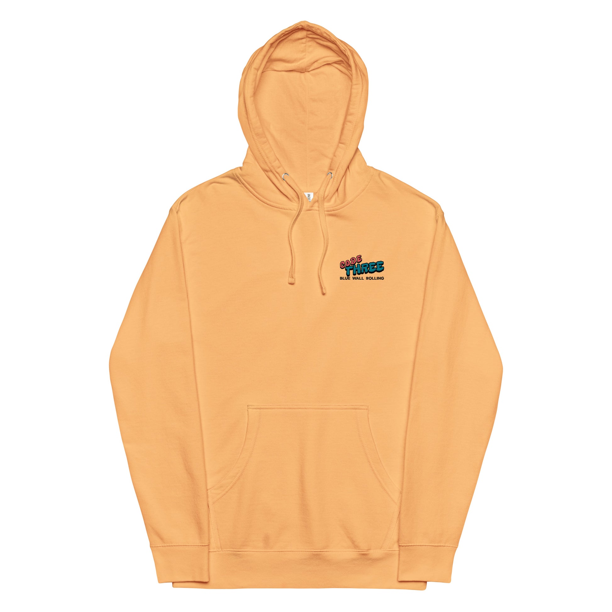 Orange hoodie with a logo on the chest against a white background