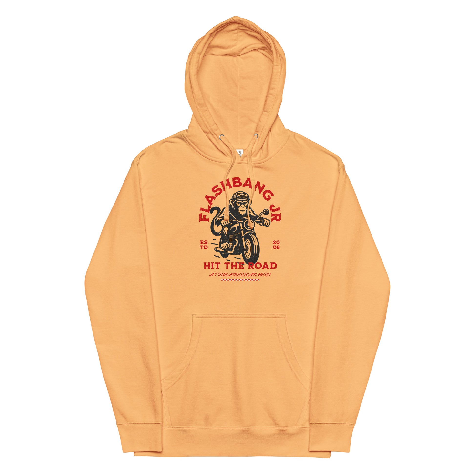 Orange hoodie with graphic design on a white background